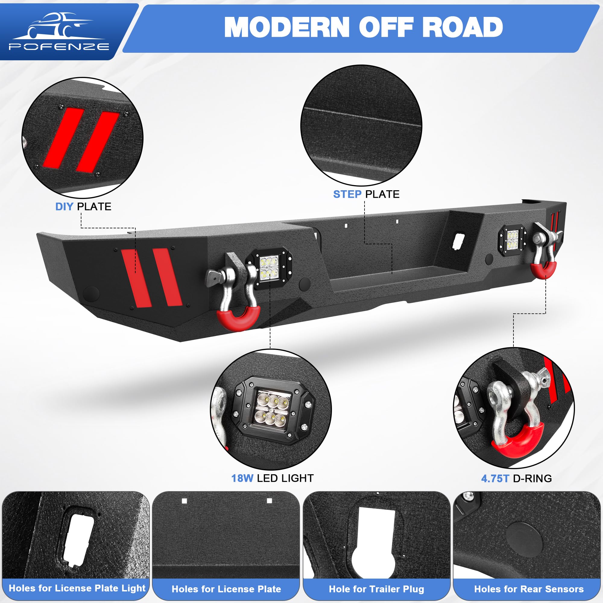 Textured Black Rear Bumper with LED Lights for Jeep Gladiator JT (2020-2024) - Full Width Bumper with Sensor Holes, D-Rings & DIY Plate - Perfect for Off-Roading, Overlanding & Truck Upgrades