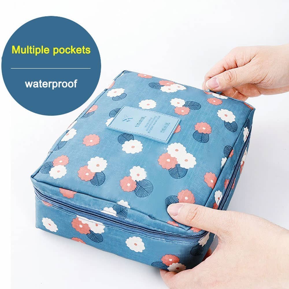 House of Quirk Travel Cosmetic Makeup Toiletry Case Storage Pouch Handbag - Dark Blue Floral Design | Perfect for Travel, Gym & Daily Organization