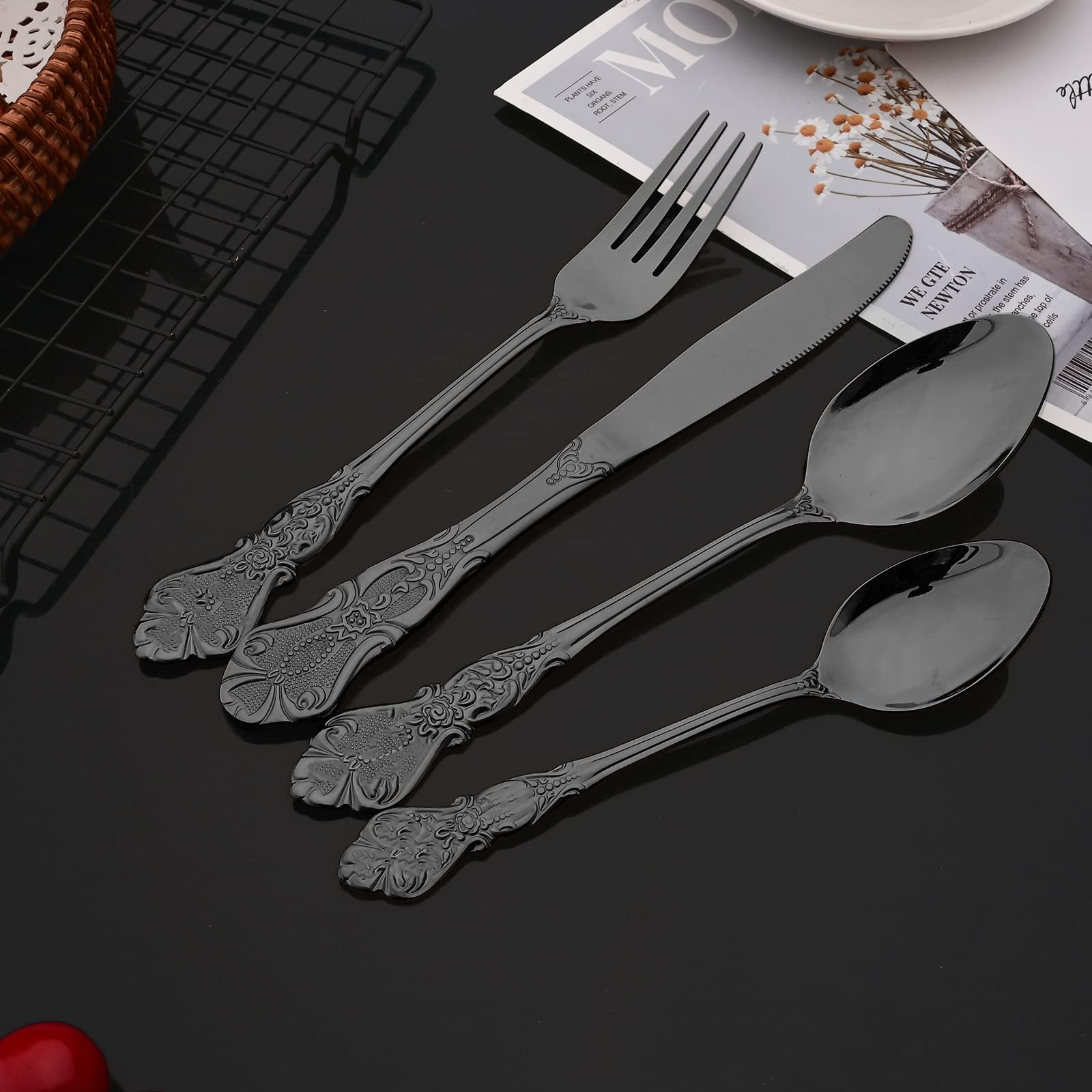 JASHII Retro Palace Coffee Spoon Flatware Set - 6-Piece Unique Stainless Steel Cutlery for Kitchen, Dining & Bar | Dishwasher Safe Shiny Black Tableware | Perfect for Coffee Shops, Restaurants & Home Entertaining