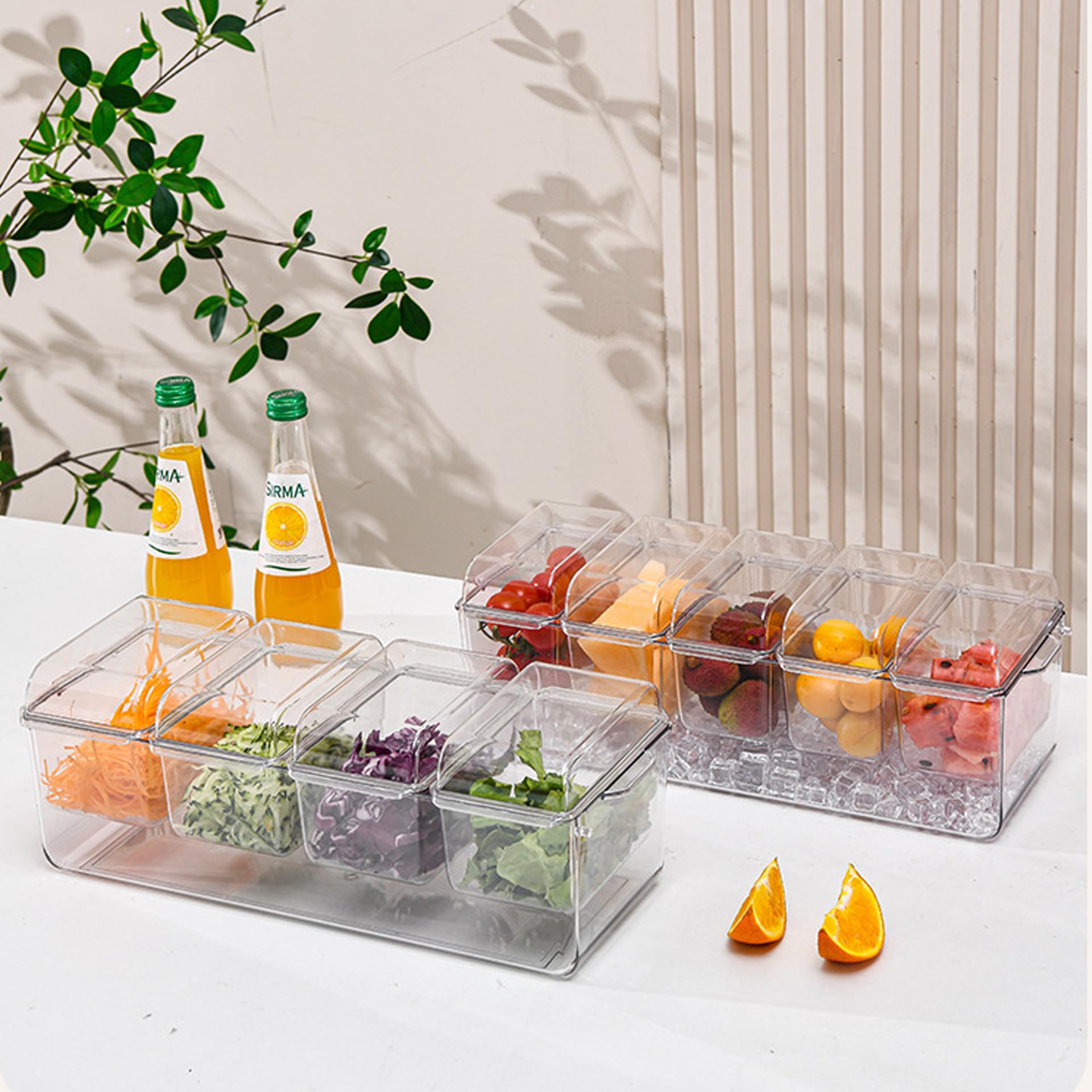 Ice Chilled Condiment Caddy with 4 Containers (2.8 Cup Capacity) - Airtight Lids, Party Serving Tray for Fruits, Salads, Nuts, Candy & Snacks - Perfect for Taco Bars, BBQs, Picnics & Outdoor Gatherings