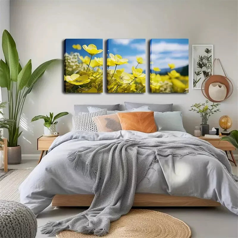 3-Piece Blooming Small Yellow Flowers Wall Art Set - Framed Canvas 40x60cm - High Quality Print - 100% Australian Made - Ready to Hang - Perfect for Living Room, Bedroom & Office Decor