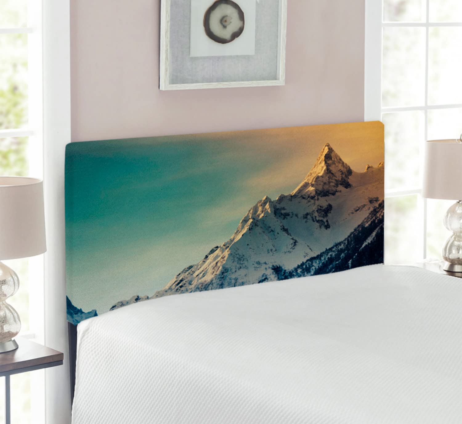 Ambesonne Winter Mountains Panorama Headboard - Twin Size Upholstered Metal Bed Frame with Memory Foam | Ski Slopes & Caucasus European Landscape Design in Tan Blue | Perfect for Bedroom Decor, Ski Lodge Themes & Cozy Cabin Interiors