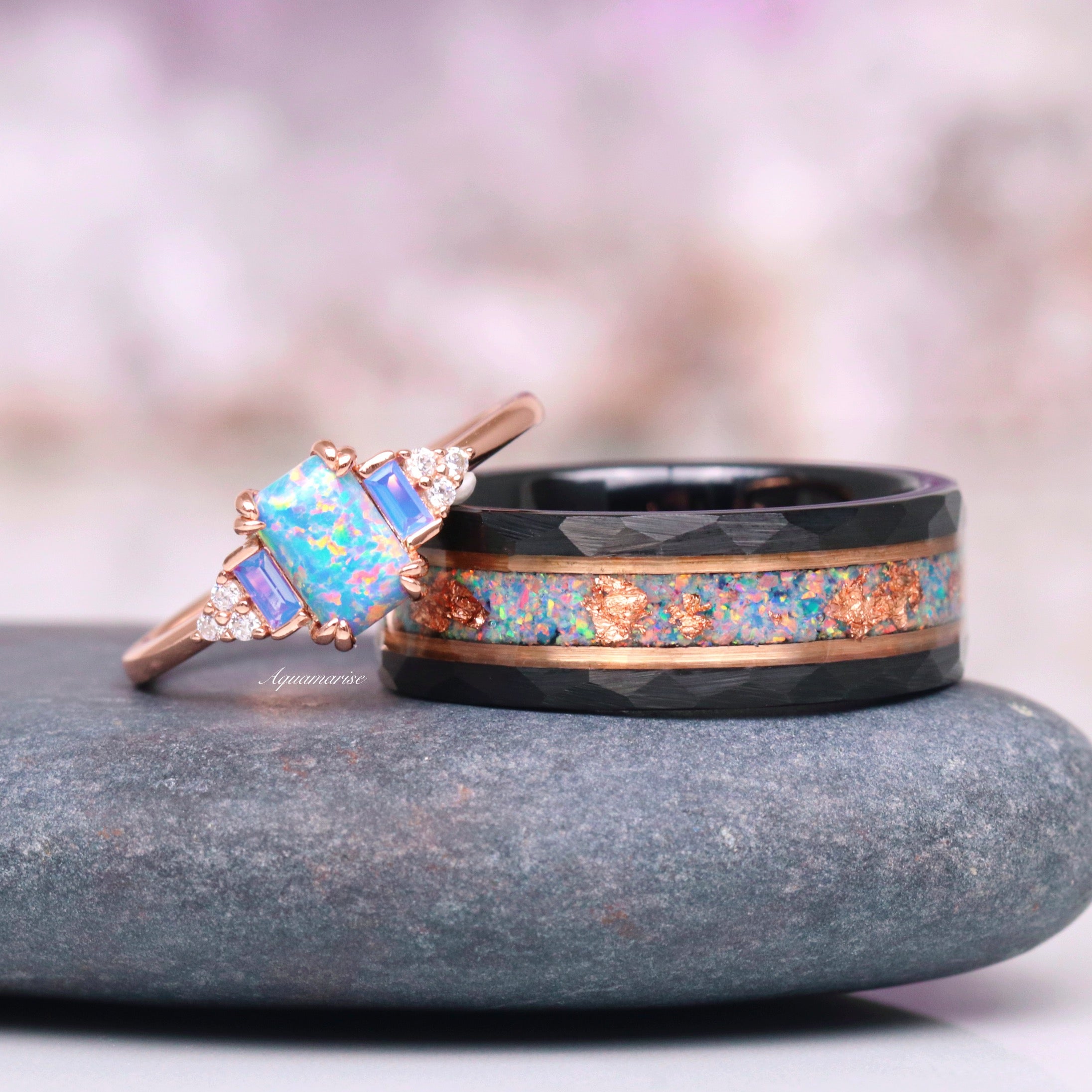 Light Blue Fire Opal & Opalescent Sapphire Ring - 14k Rose Gold Vermeil - Elegant Jewelry for Women, Perfect for Weddings, Anniversaries & Special Occasions