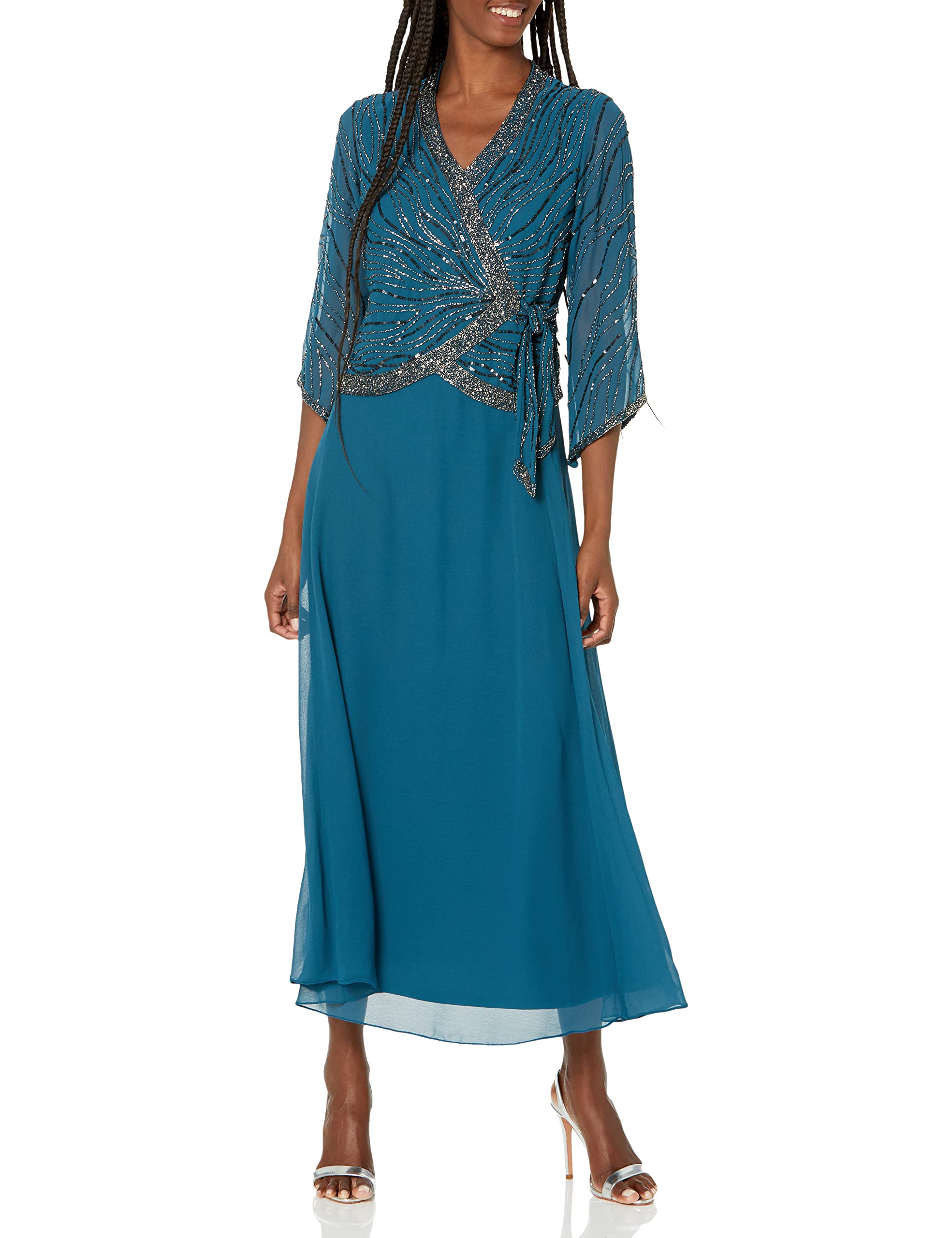 J Kara Women's Long 3/4 Sleeve V-Neck Beaded Faux Wrap Dress - Elegant Party & Cocktail Attire for Weddings, Evening Events & Special Occasions