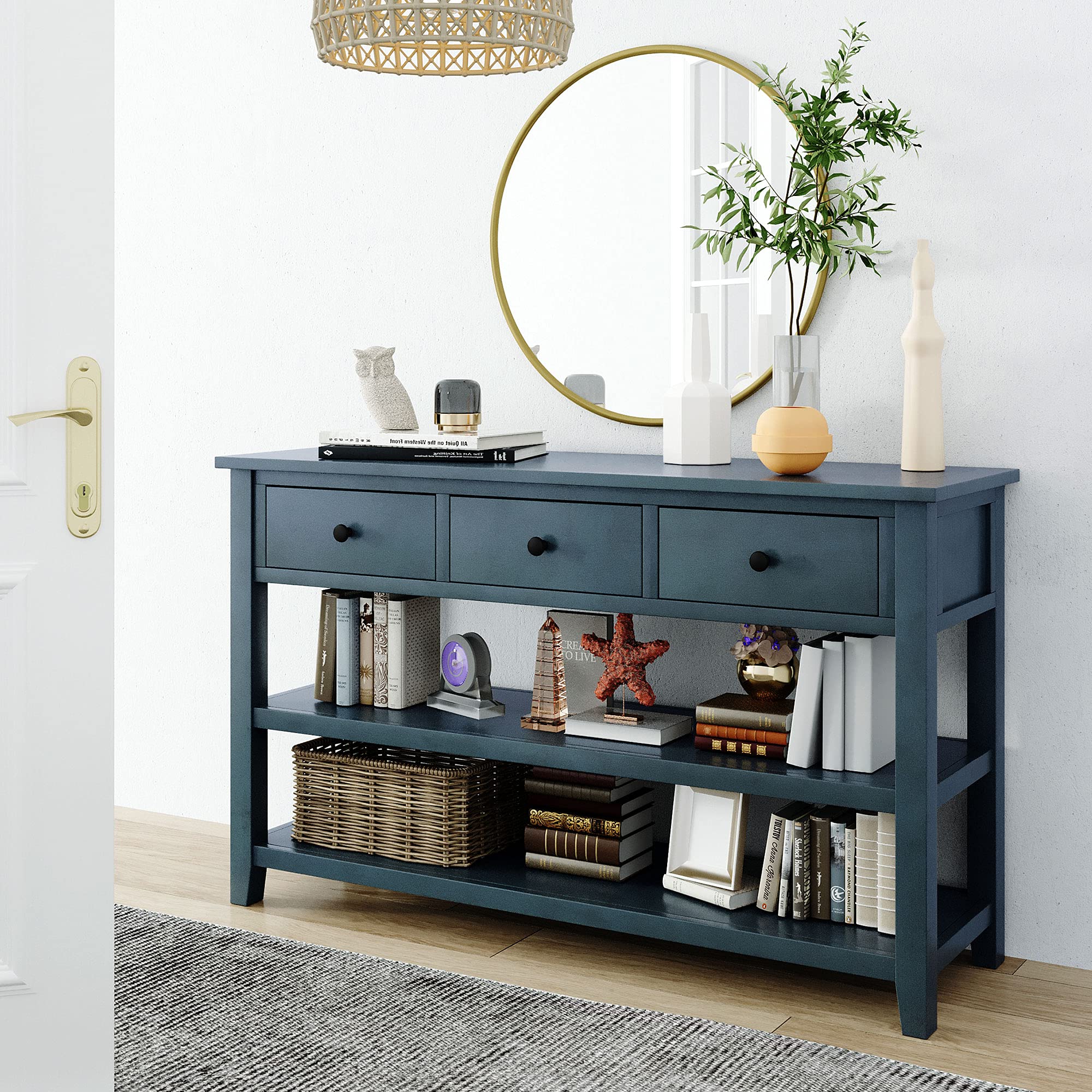 Vintage Modern Console Table with Solid Pine Wood Frame & 2 Open Shelves - Navy Blue | Entryway, Living Room, Hallway Decor for Home & Office
