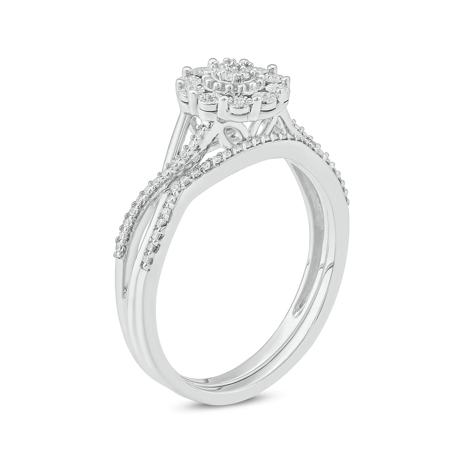 1/6 Carat Diamond Floral Halo Engagement Ring & Wedding Band Set for Women in 925 Sterling Silver - Elegant Bridal Jewelry for Proposals, Anniversaries & Special Occasions