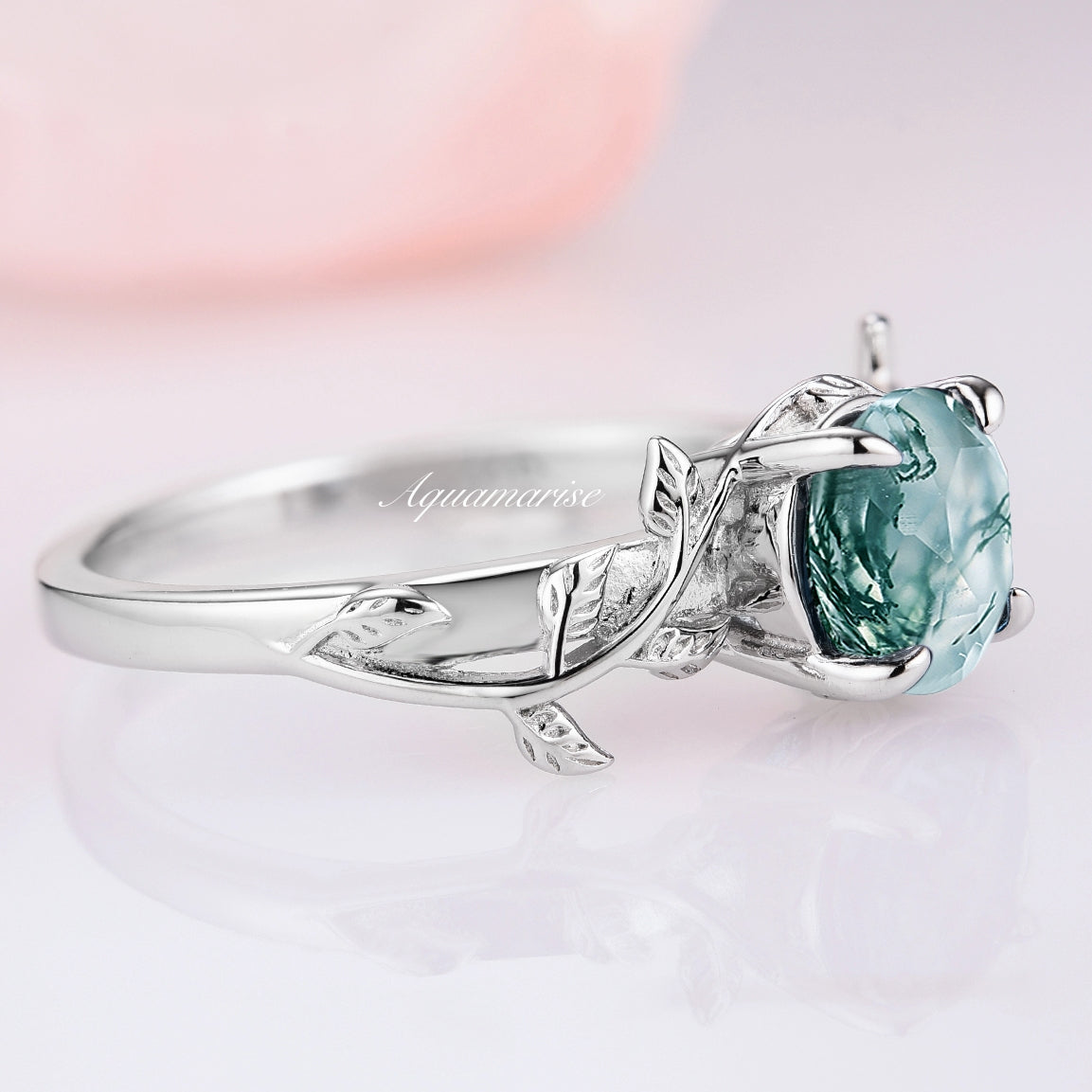 Natural Green Moss Agate Leaf Ring - Sterling Silver 925 Handmade Jewelry for Women, Nature-Inspired Boho Style, Perfect for Everyday Wear & Gift Giving
