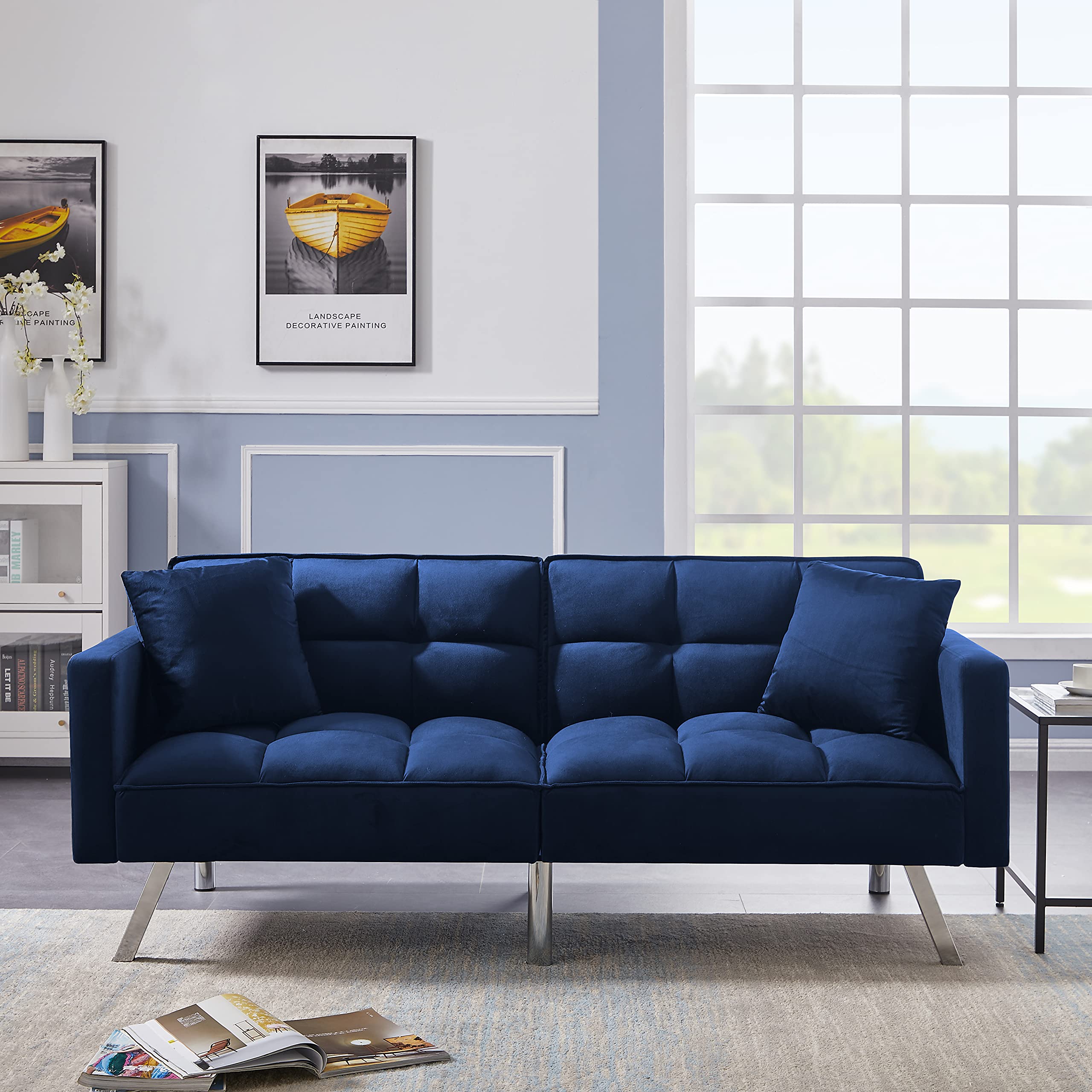 Velvet Convertible Sofa Bed with 2 Pillows - 3-Position Adjustable Backrest, Modern Loveseat with Sturdy Metal Legs for Living Room, Bedroom, Guest Room - Blue Velvet Futon for Small Spaces & Apartments