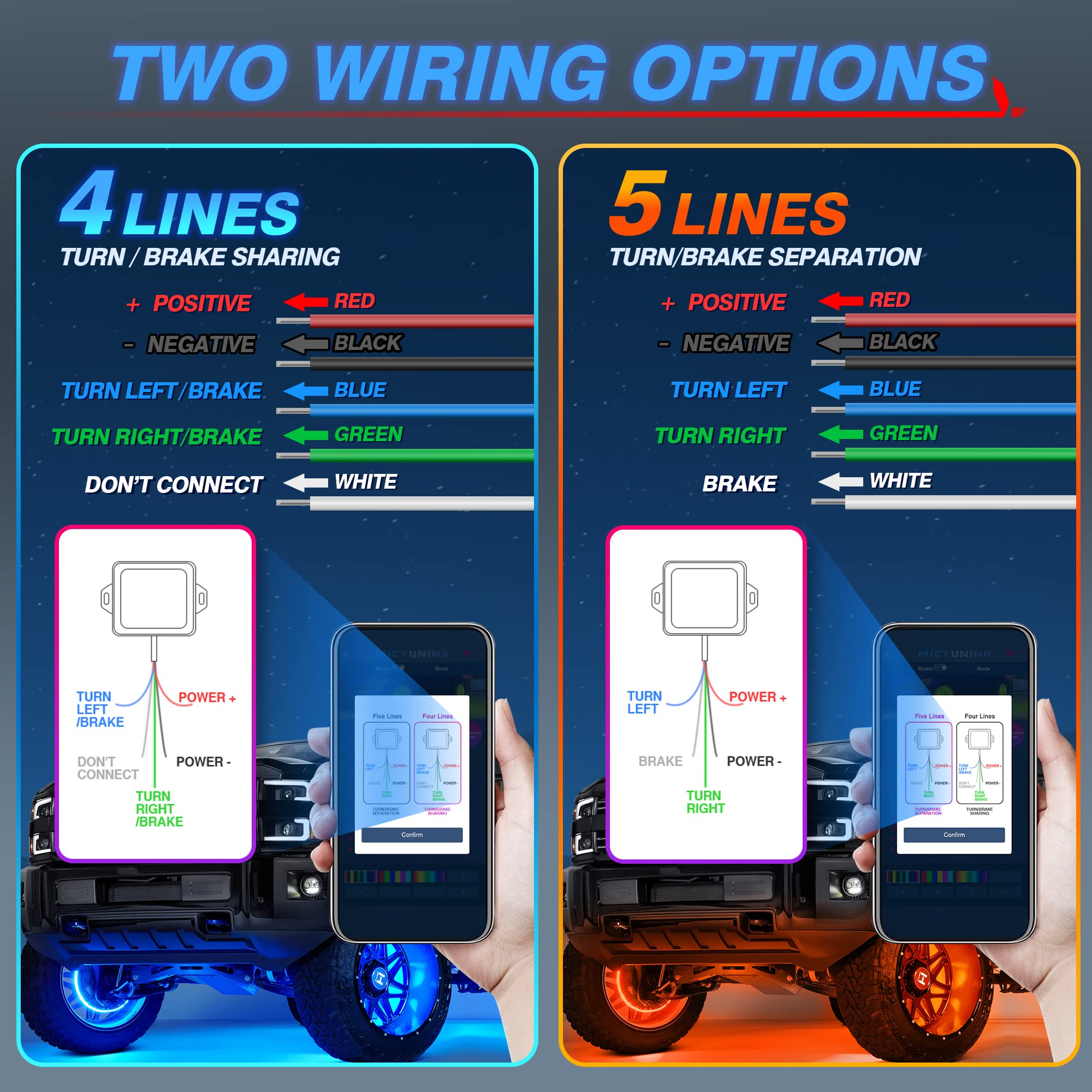 MICTUNING 17.5 Inch RGBW LED Wheel Ring Lights Kit - APP Controlled Neon Wheel Rim Lights with Turn Signal, Braking & Music Sync (4 Pack) - Perfect for Car Customization, Night Driving & Car Shows