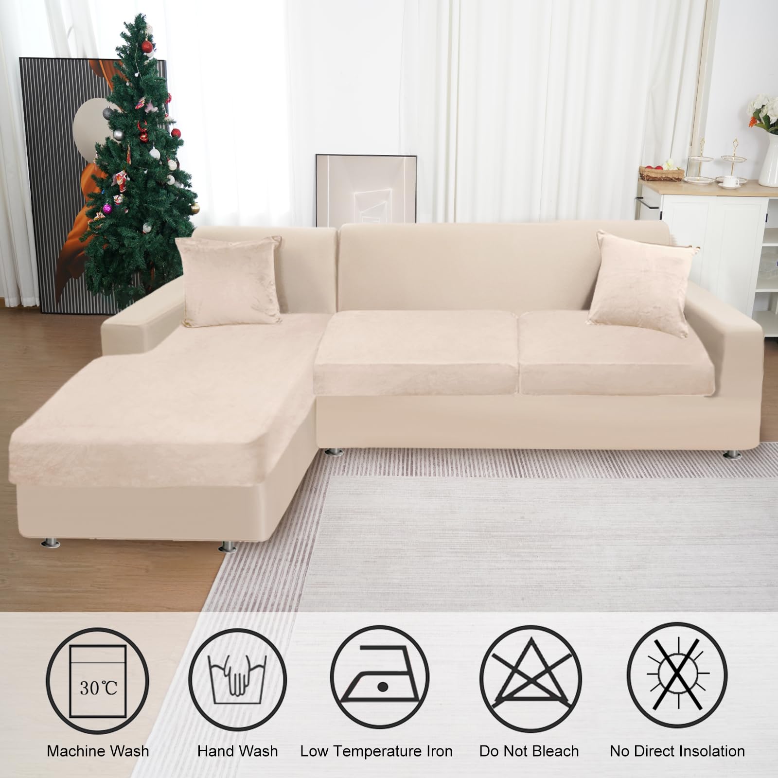 Velvet Stretch Sofa Slipcover for 3-Piece L-Shaped Sectional Couch - Includes 2 Pillowcases & Furniture Protector (Fits 2-Seater + Chaise, Beige) | Perfect for Living Room, Family Room & Home Theater Comfort
