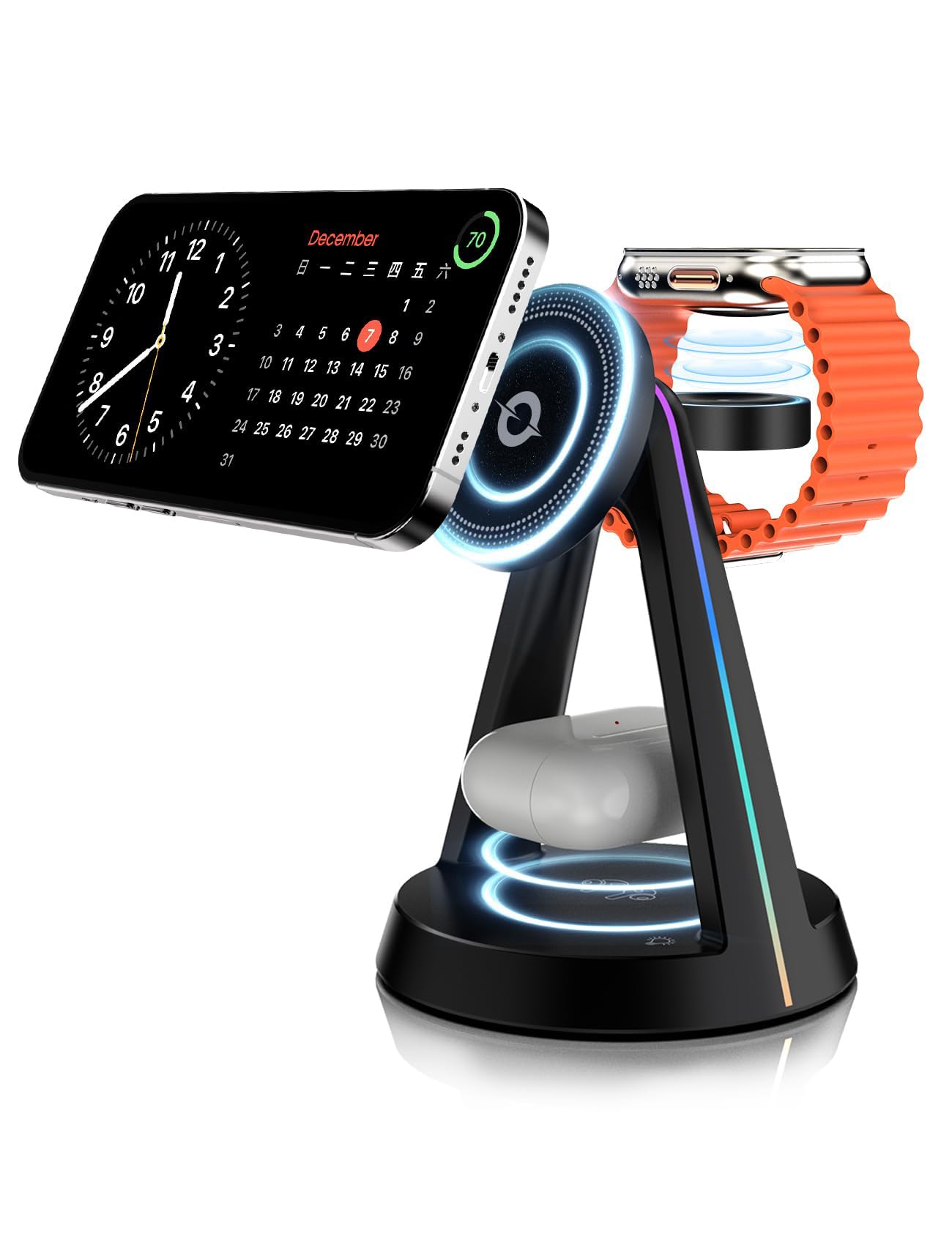 DGPLUS Magnetic 3-in-1 Wireless Charging Station with RGB Lights - Fast Charger for iPhone 16/15/14/13/12 Series, Apple Watch 9/8/7/SE, AirPods Pro - Multi-Device Charging Stand with MagSafe for Bedroom, Office & Travel