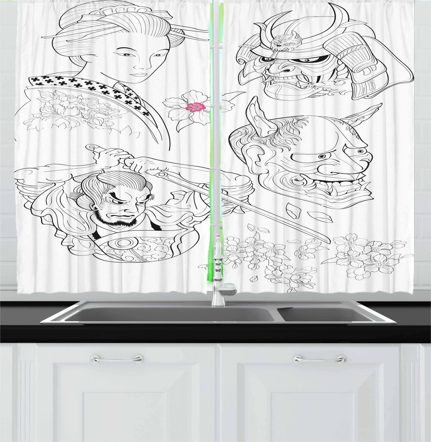 Ambesonne Kabuki Long Kitchen Curtains - Samurai Warrior & Japanese Woman Portrait with Sakura Blossoms - 2 Panel Drapes with Rod Pocket - 55