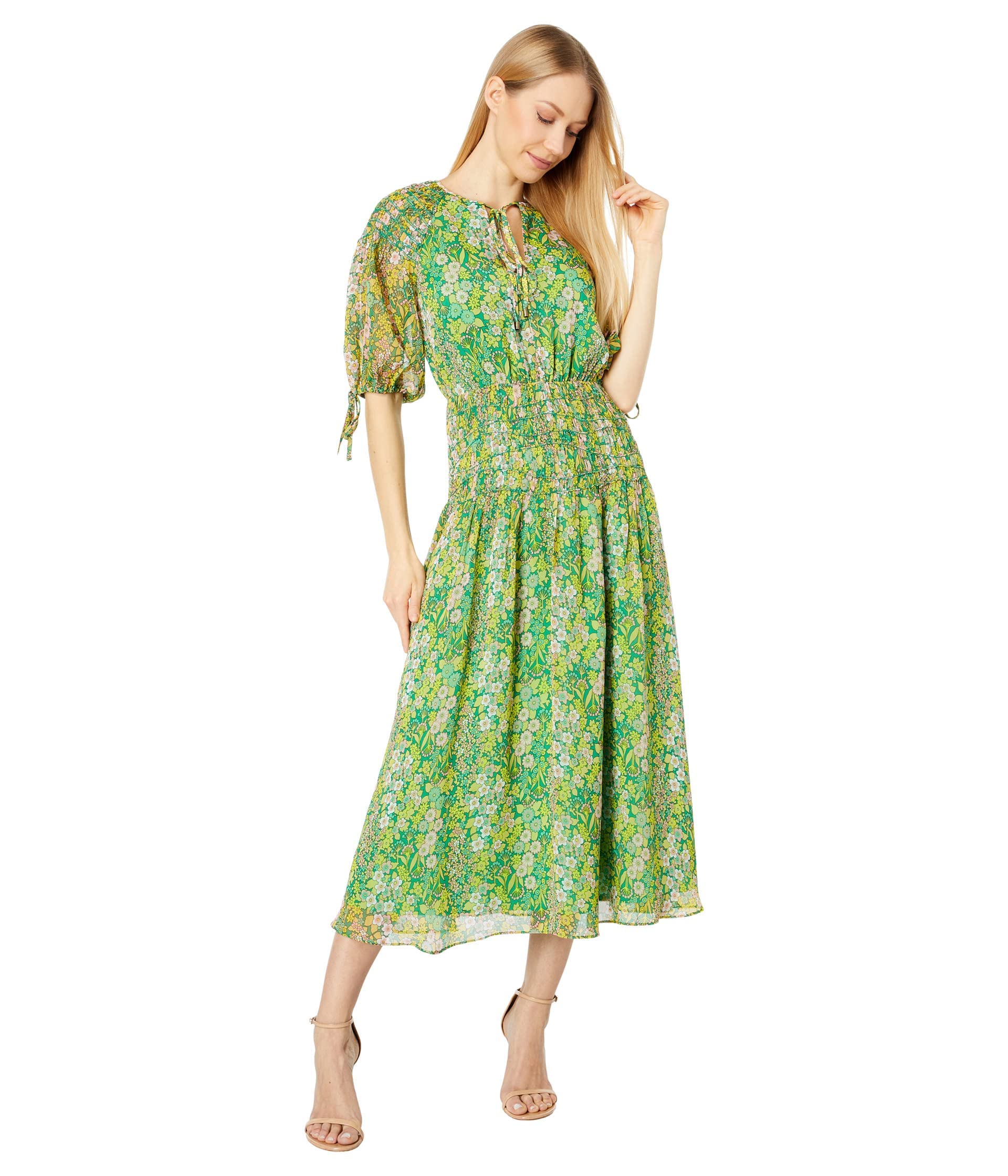 Ted Baker Women's Ursille Asymmetric Smocking Midi Dress with Neck Tie - Elegant Floral Print Cocktail Dress for Parties, Weddings & Special Occasions