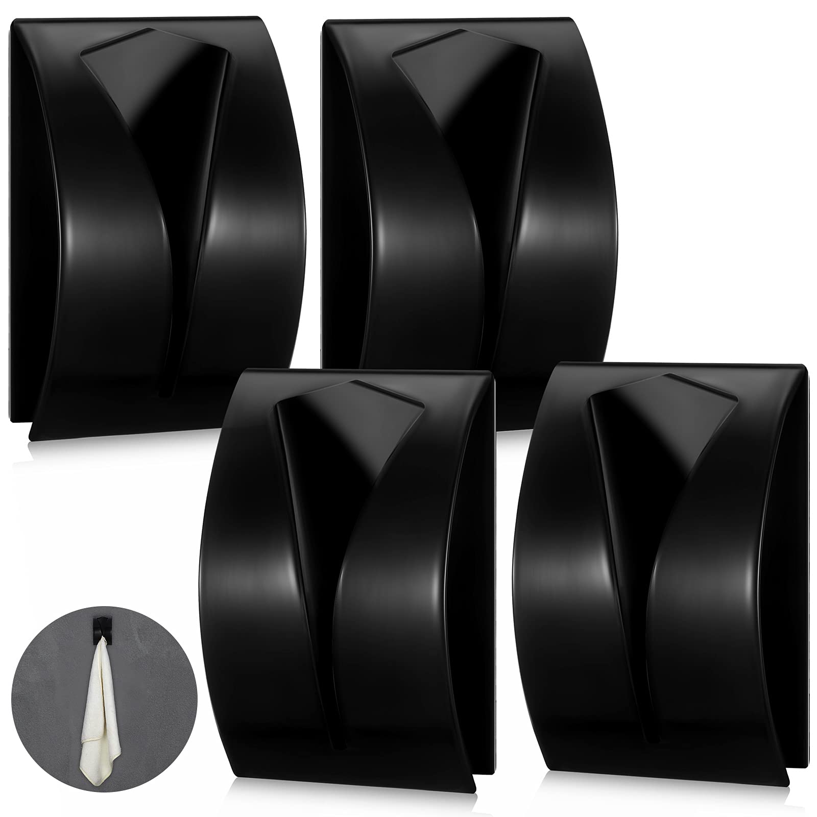 4 Pack Self Adhesive Stainless Steel Towel Hooks - No Drill Wall Mount Hangers for Kitchen, Bathroom & Laundry - Strong Hold for Dish Towels, Robes & Accessories - Perfect Space Saving Solution for Home Organization (Black)