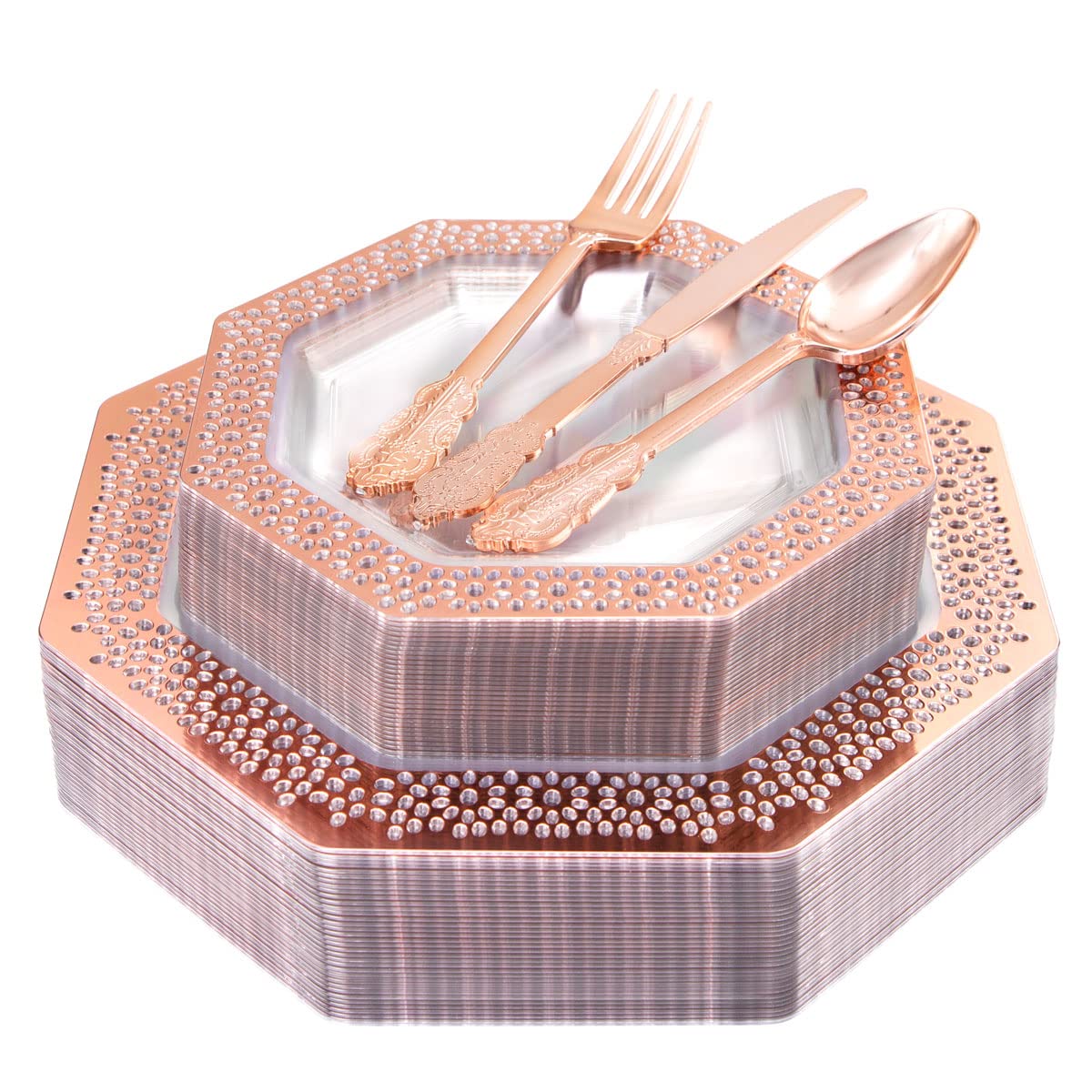 DaYammi 30-Piece Rose Gold Plastic Dinnerware Set - Elegant Disposable Plates & Silverware for Parties, Weddings, Events - Includes 30 Dinner Plates, 30 Dessert Plates, 30 Forks, 30 Knives, 30 Spoons - Perfect for Bridal Showers, Birthday Celebrations & Formal Gatherings
