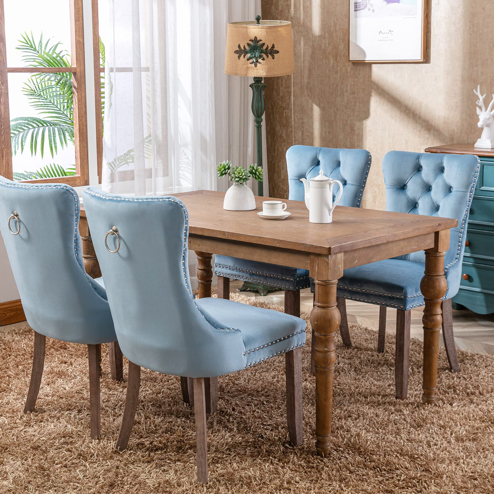 Luxury Blue Velvet Dining Chairs Set of 2 - Tufted Upholstered Kitchen & Dining Room Chairs with Solid Wood Frame - Elegant Light Blue Velvet Seating for Home, Restaurant or Wedding (2 Pieces)