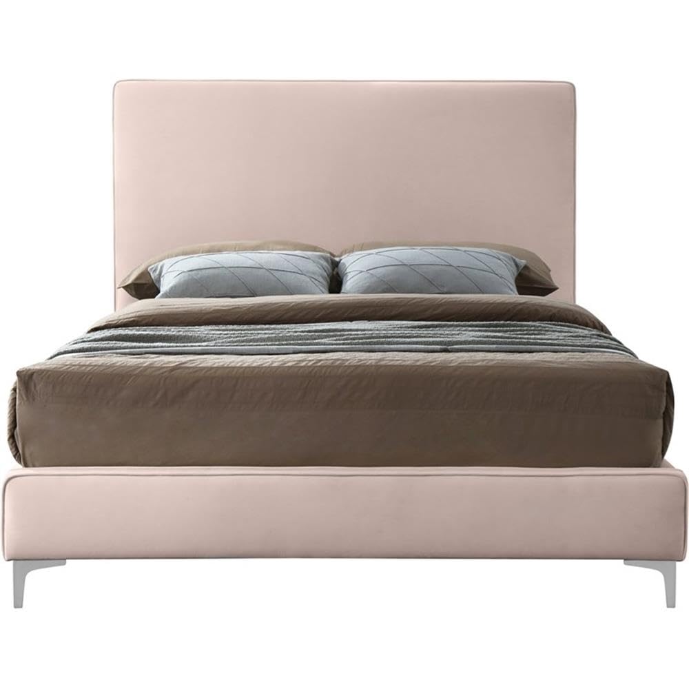 Modern Velvet Upholstered Bed with Gold/Chrome Headboard - Meridian Furniture Geri Collection Full Size Pink Bed for Luxurious Bedroom Decor | Contemporary Bedroom Furniture for Master & Guest Rooms