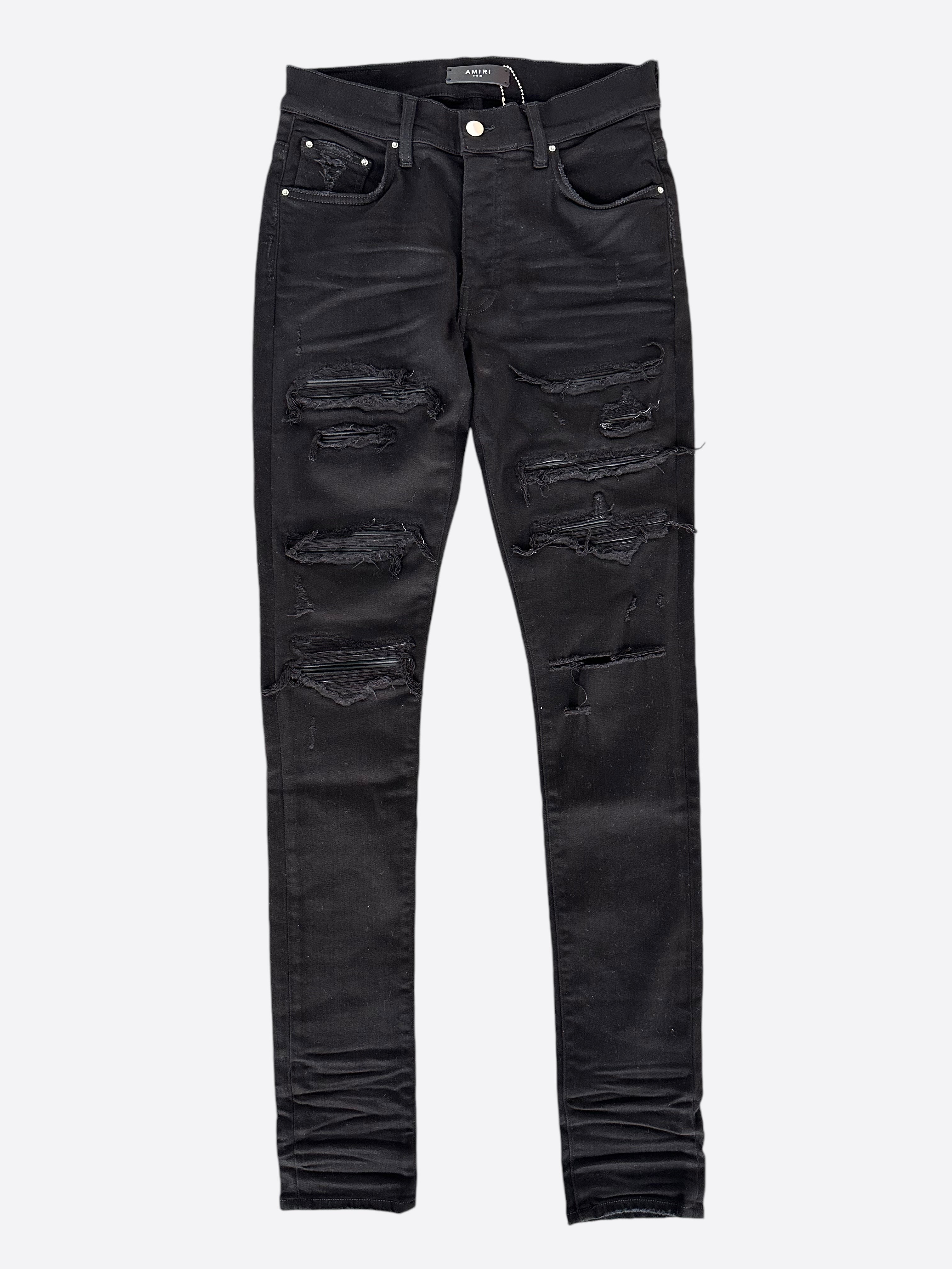 Amiri Black Leather Patch Thrasher Jeans for Men - Premium Distressed Denim Pants with Signature Leather Detail | Perfect for Streetwear, Casual Outfits & Night Out Looks
