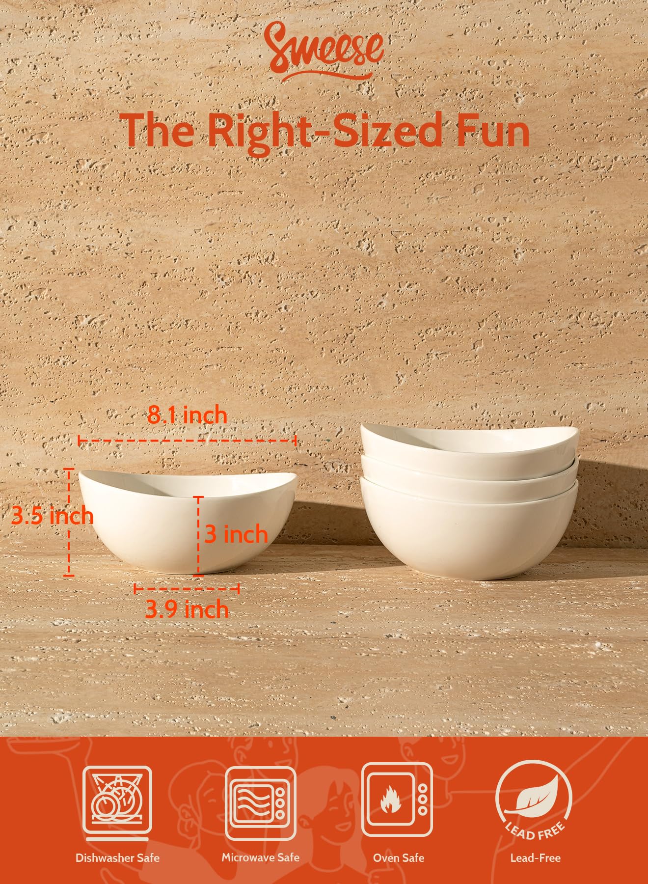 Sweese 8 Inch Porcelain Serving Bowls Set of 4 (42 oz Each) - Microwave, Dishwasher & Oven Safe White Bowls for Salad, Soup, Pasta, Snacks - Perfect for Family Dinners, Entertaining & Meal Prep