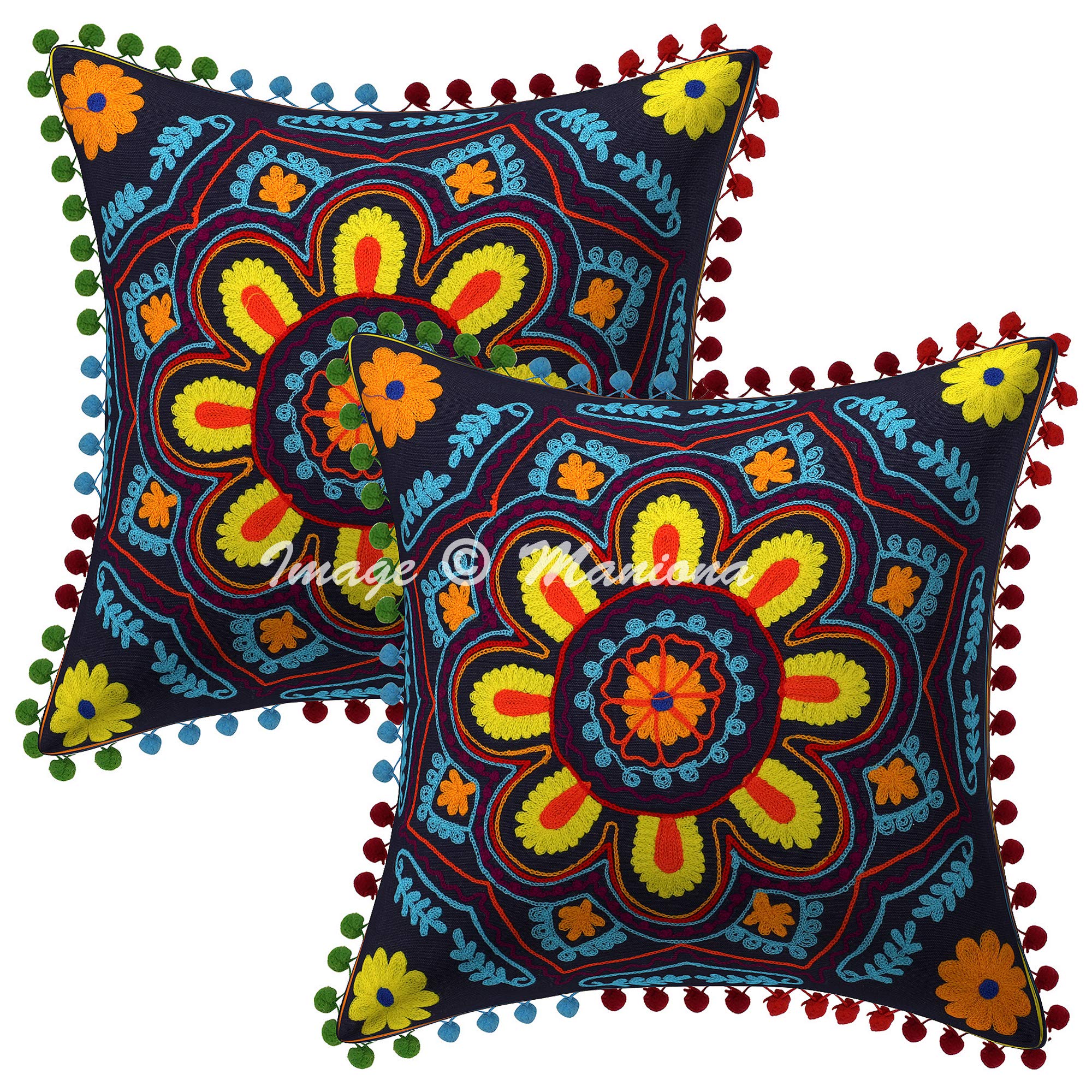 Boho Suzani Cushion Covers 16x16 Inches - 2 Piece Set with Pom Pom Trim, Indian Inspired Decorative Pillow Cases for Outdoor, Patio, and Bohemian Home Decor