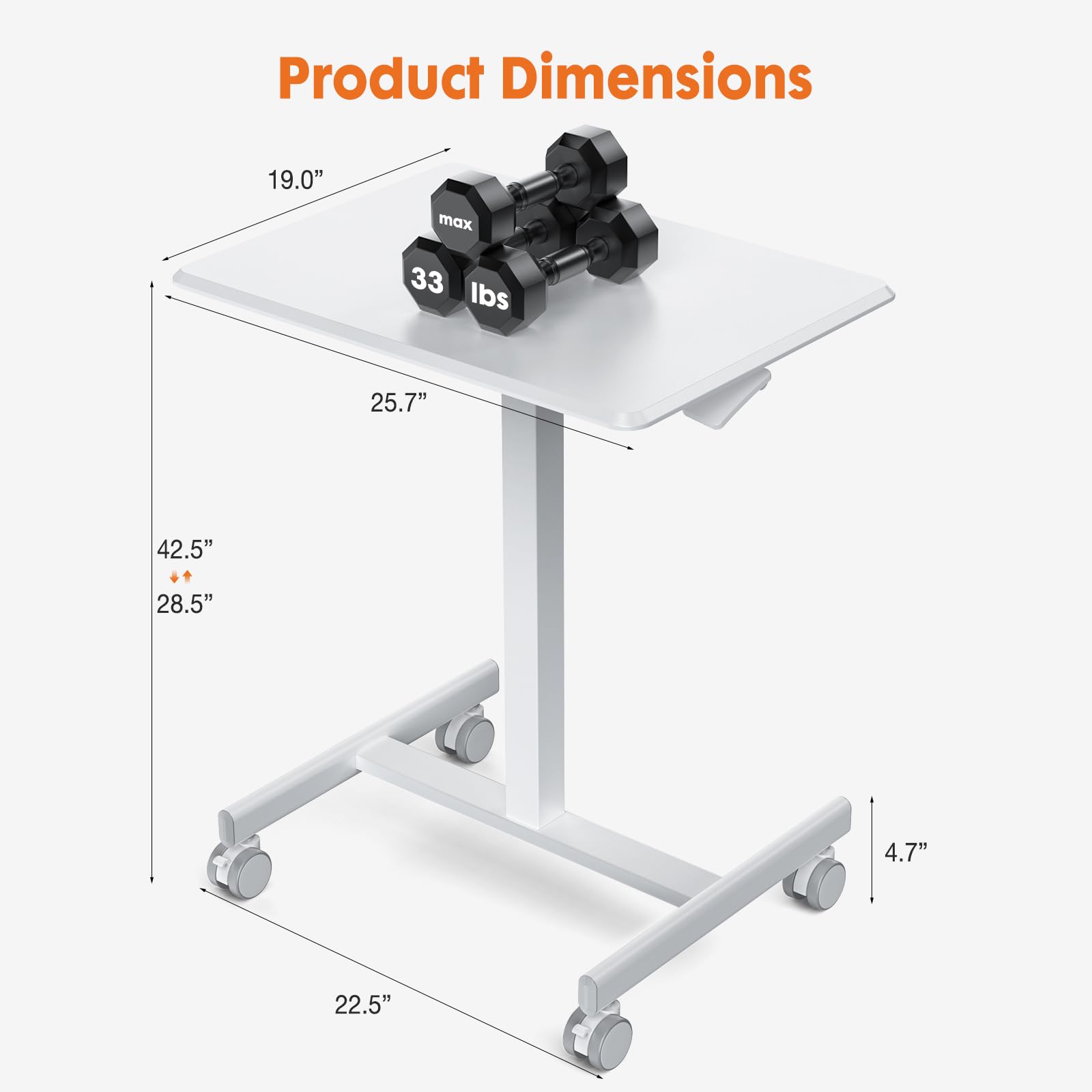 Sweetcrispy Small Mobile Standing Desk with Wheels - Adjustable Height Rolling Laptop Computer Cart for Home Office - Portable Workstation for Small Spaces, Dorm Rooms & Office Use - White