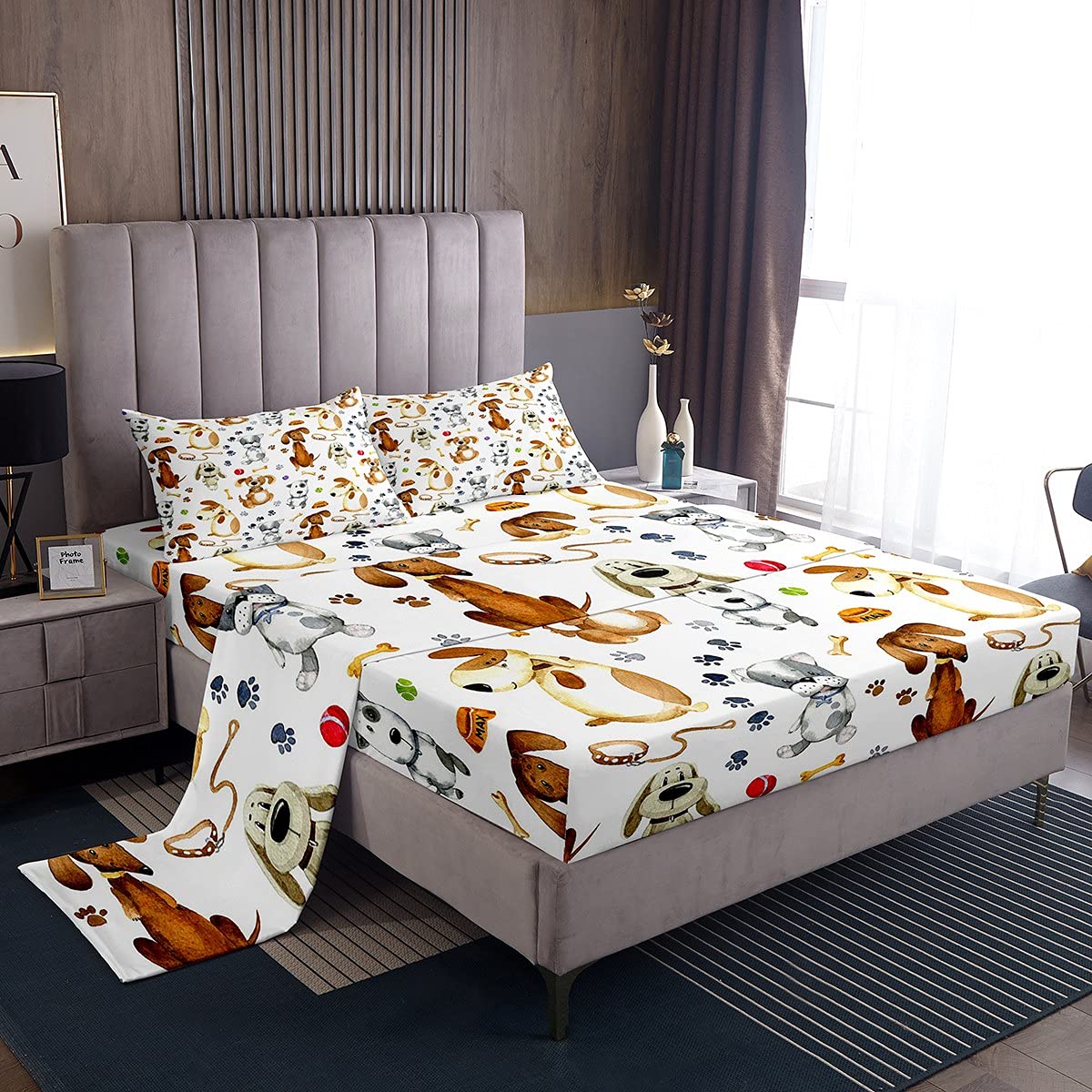 Feelyou Cute Dog Bed Sheet Set - Animal Theme 3-Piece Queen Size (Fitted Sheet, Flat Sheet & 2 Pillowcases) for Kids, Toddlers & Pet Lovers - Perfect for Nursery, Bedroom & Dog-Themed Decor