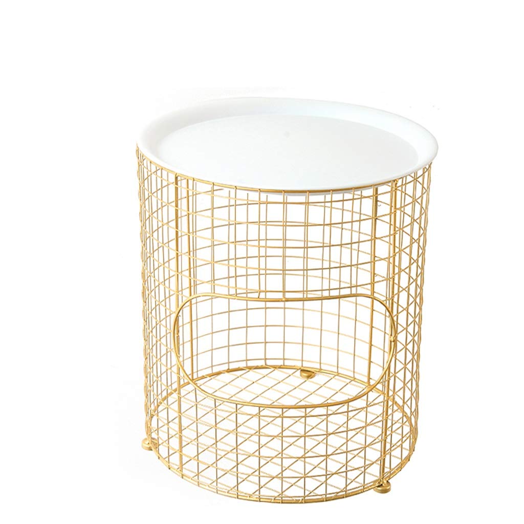 European Style Gold Round Iron Bedside Table - Simple & Elegant Nightstand with Storage for Bedroom, Living Room, or Office (White) | Perfect for Small Spaces, Apartment Decor & Guest Rooms