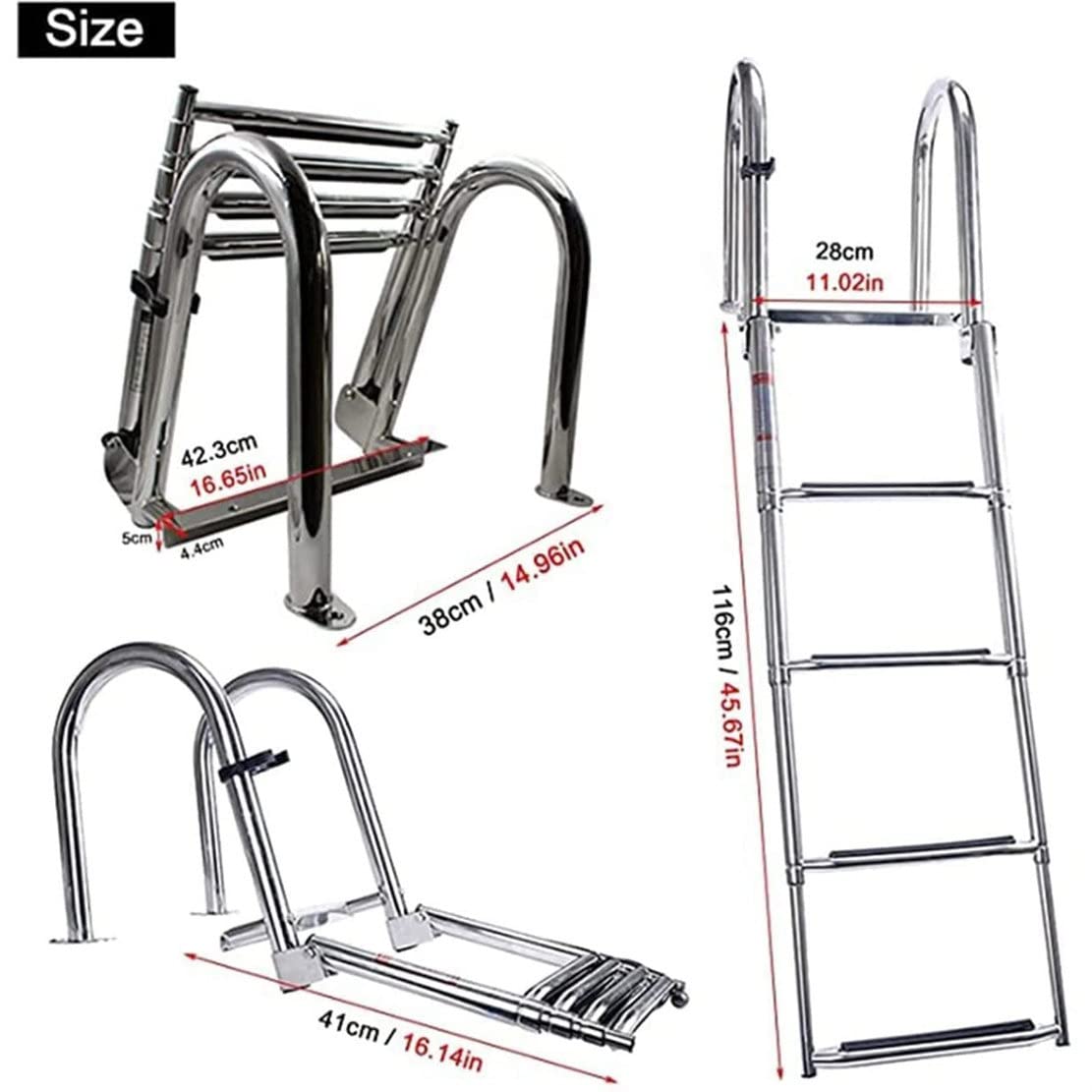 316 Stainless Steel 4 Step Telescoping Boat Ladder - Foldable Pontoon Platform Ladder with Non-Slip Bathing Deck Steps | Perfect for Yachts, Docks & Swimming Platforms