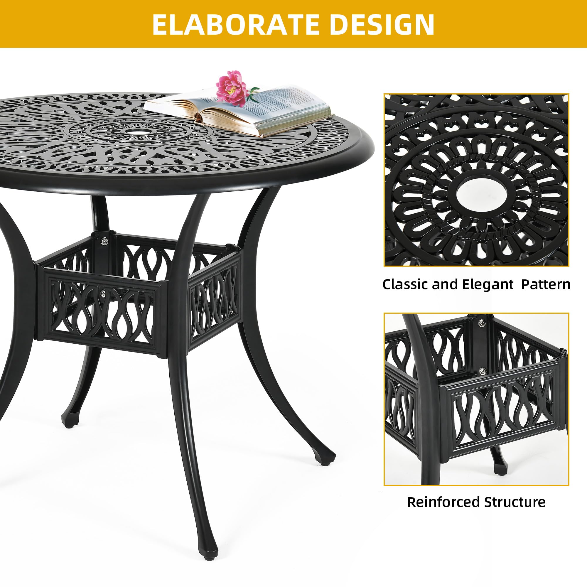 DWVO 35 Inch Outdoor Dining Table - Round Cast Aluminum Bistro Table with Umbrella Hole for Backyard, Garden, Patio, Porch - Weather-Resistant Black Metal Table for Outdoor Entertaining & Dining Al Fresco