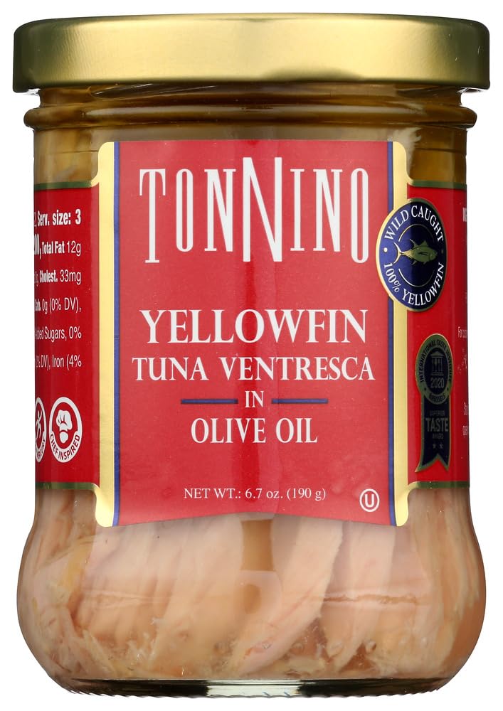 Premium Tonnino Ventresca Tuna in Extra Virgin Olive Oil - 6.7 oz Glass Jars (Pack of 4) - Gourmet Italian Albacore Tuna Fillets - Perfect for Salads, Sandwiches & Charcuterie Boards