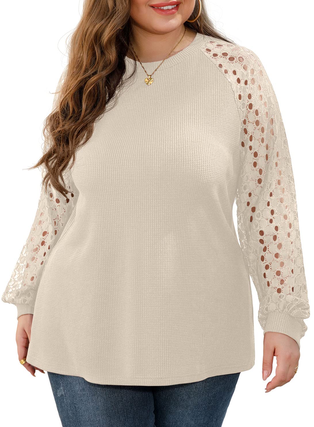 OLRIK Women's Plus Size Lace Sleeve Blouse - Waffle Knit Long Sleeve Tops for Casual Wear & Office Outfits