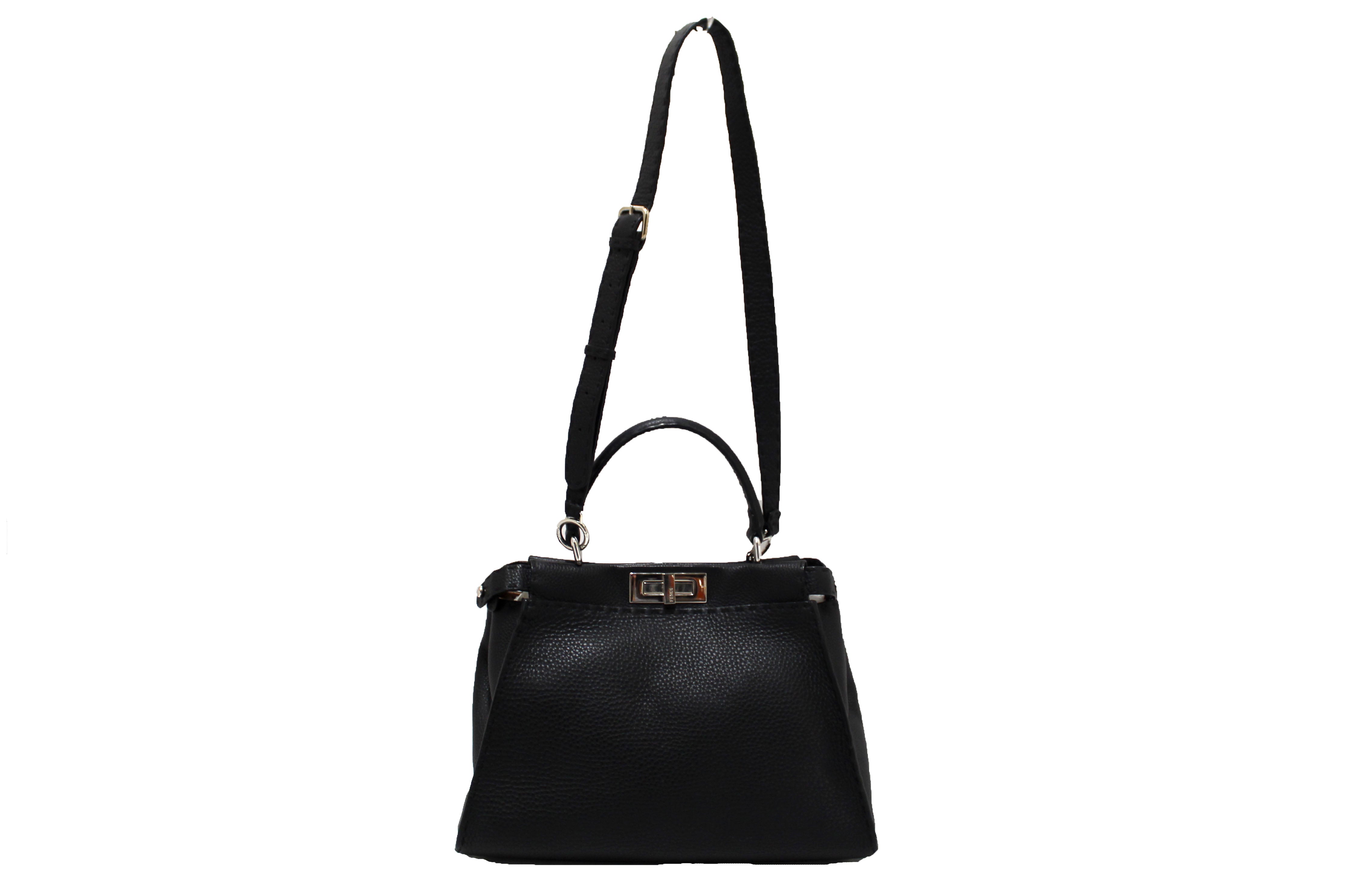 Authentic Fendi Black Cuoio Romano Leather Selleria Medium Peekaboo Iconic Satchel Bag - Luxury Designer Handbag for Women, Perfect for Work, Evening Events & Fashion Accessories