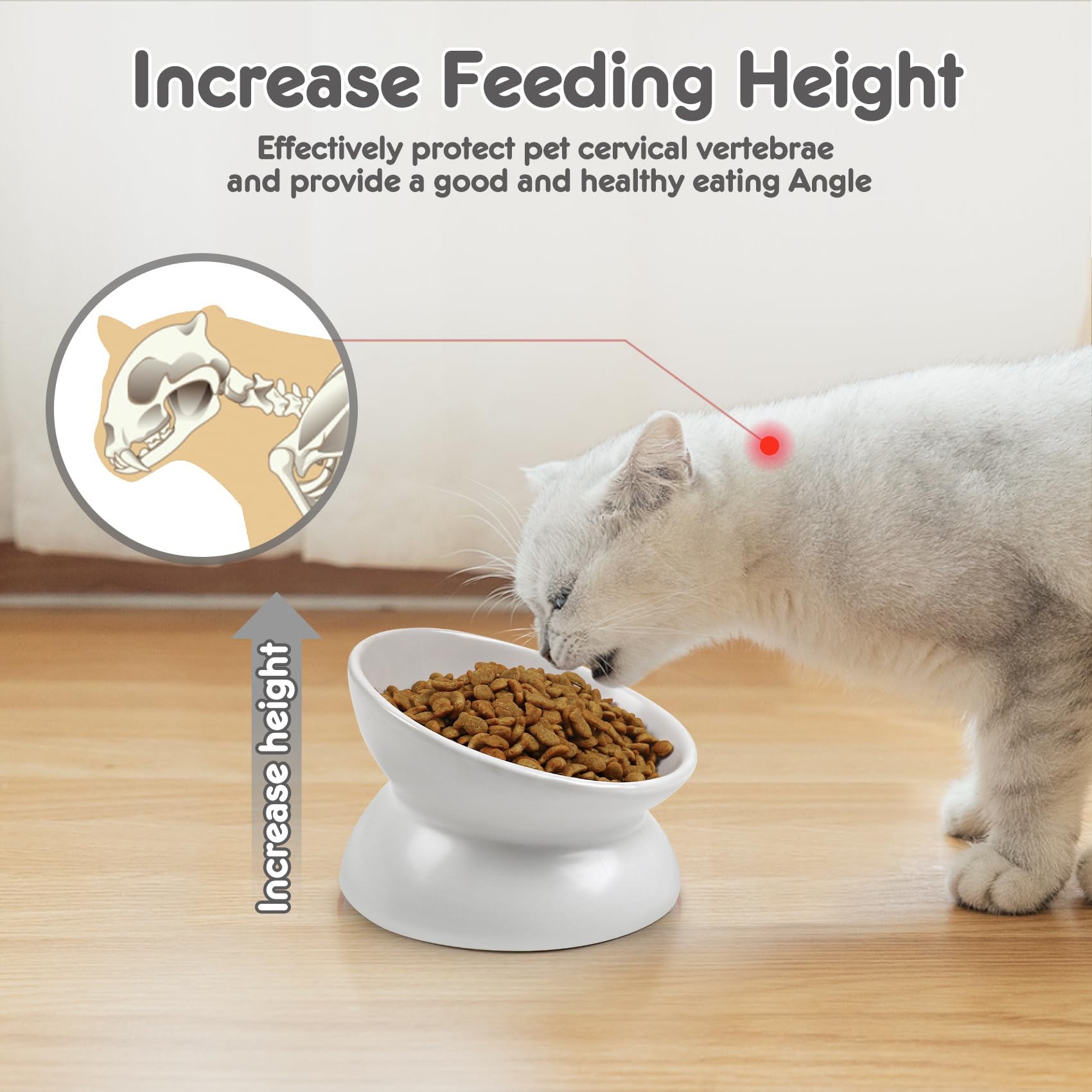 Elevated Tilted Ceramic Cat Food Bowl - 5 Inch Raised Dish for Spine Health, Stress-Free Feeding & Vomit Prevention - Perfect for Kittens & Adult Cats (White) - Ideal for Home, Vet Clinics & Travel Use