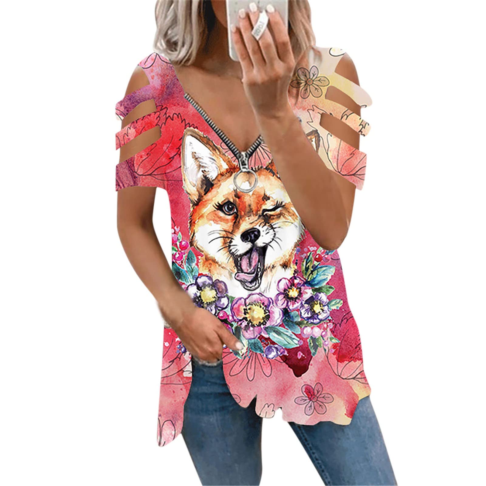 Women's Long Sleeve Printed V-Neck Zipper Off-Shoulder Casual Exercise Shirt - Green Workout Top for Yoga, Gym & Outdoor Activities