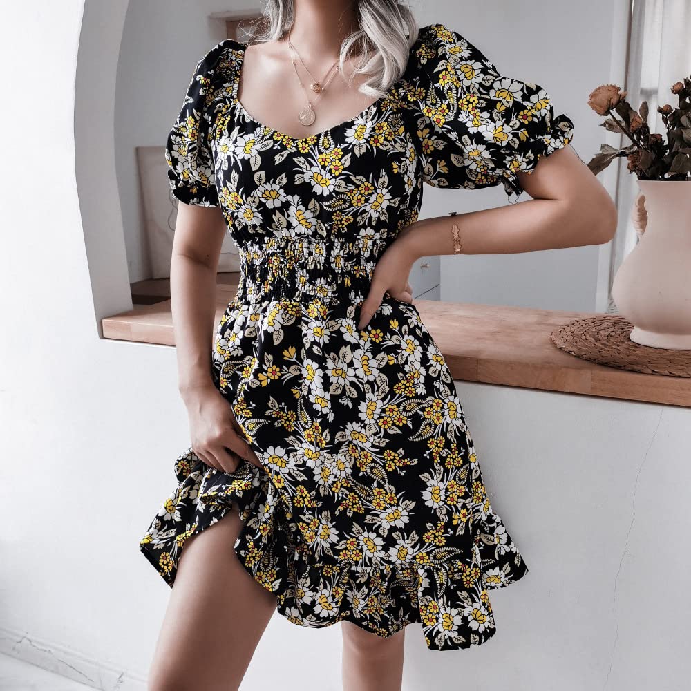 Floral Print Women's Summer V-Neck Midi Dress with Bell Sleeves & Ruffle Hem - Perfect for Beach Vacations, Garden Parties & Date Nights