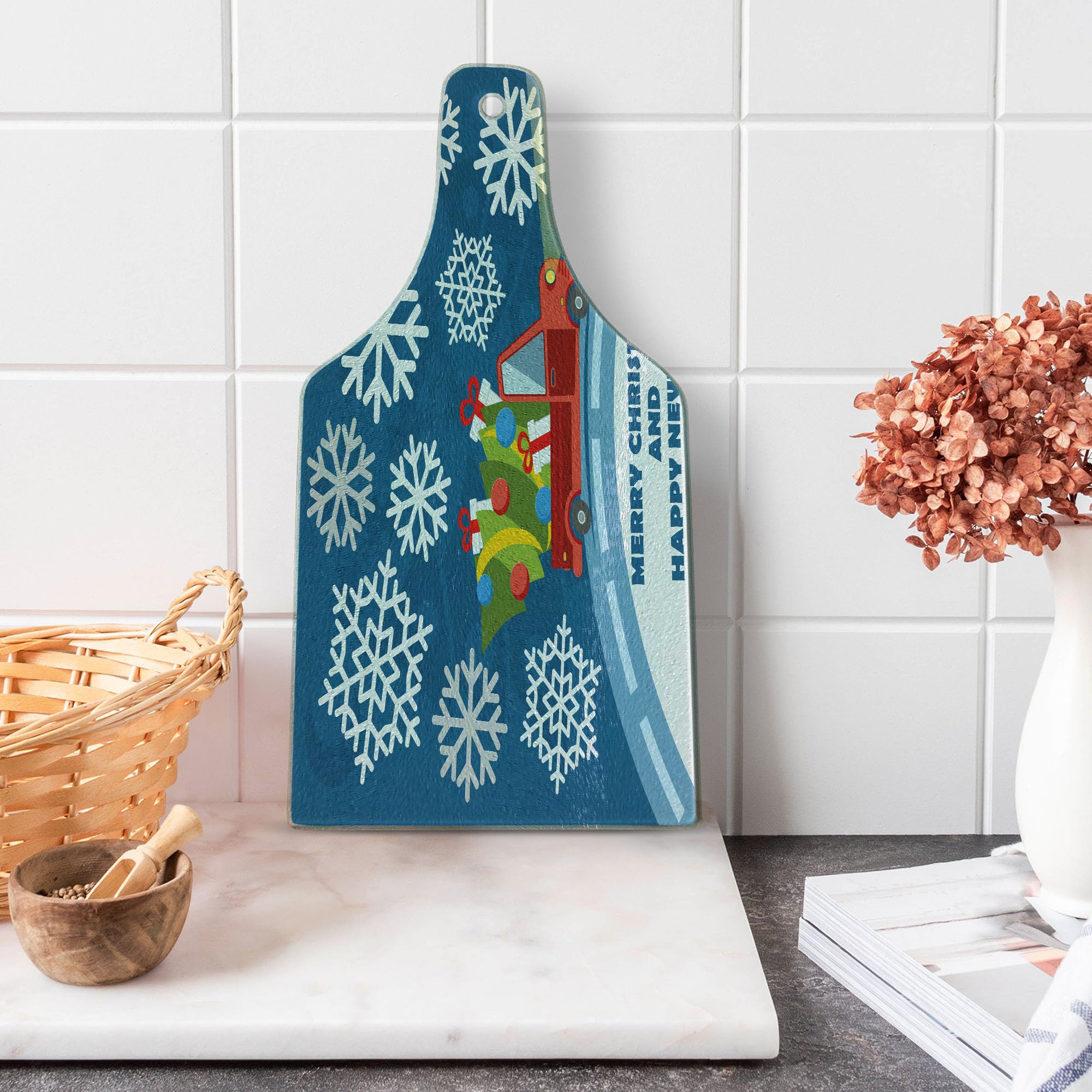 Ambesonne Christmas Themed Tempered Glass Cutting Board - Holiday Truck with Gift Boxes, Tree & Snowflakes Design - Decorative Serving Board for Cheese, Charcuterie & Wine (Blue, Red, White) - Perfect for Holiday Parties, Gift Giving & Festive Kitchen Decor