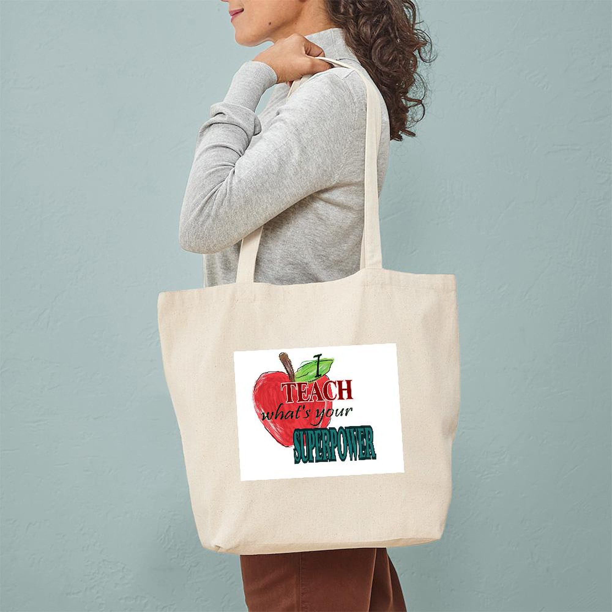 I Teach What's Your Superpower? Natural Canvas Tote Bag - Reusable Grocery Shopping Bag for Teachers, School, Work & Everyday Use