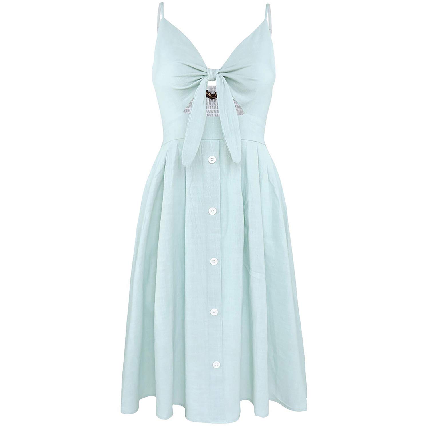 ECOWISH Women's 2024 Summer Dress - V-Neck Spaghetti Strap Tie-Front A-Line Midi Dress with Button Down Backless Design in Light Green | Perfect for Beach Vacations, Date Nights & Summer Parties
