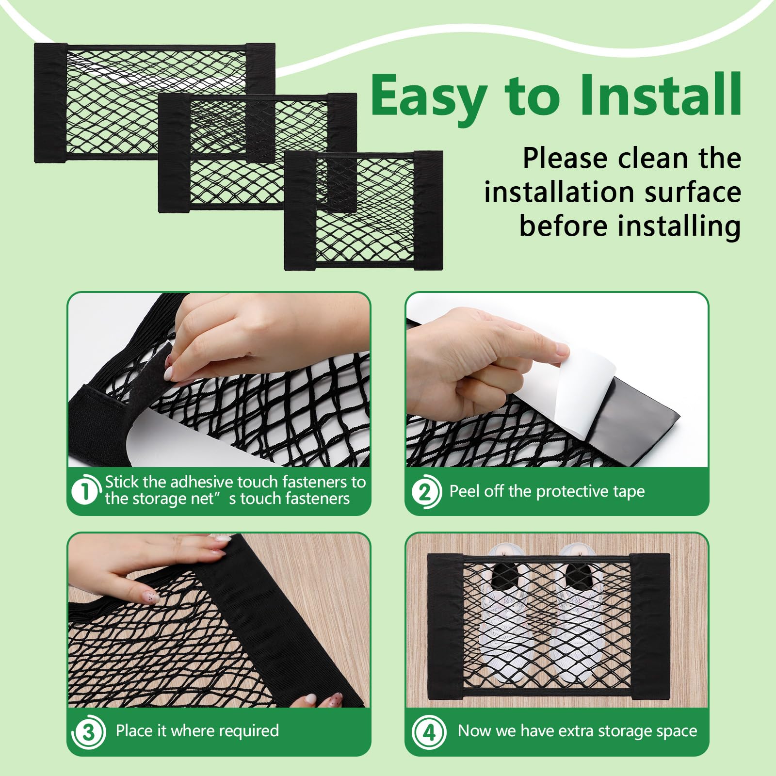 CARFIB Car Trunk Organizer - 4pcs Elastic Mesh Cargo Nets for SUV, Boat, RV - Wall Mount Storage Bag with Adhesive - Perfect for Organizing Small Items in Vehicles, Travel & Outdoor Adventures