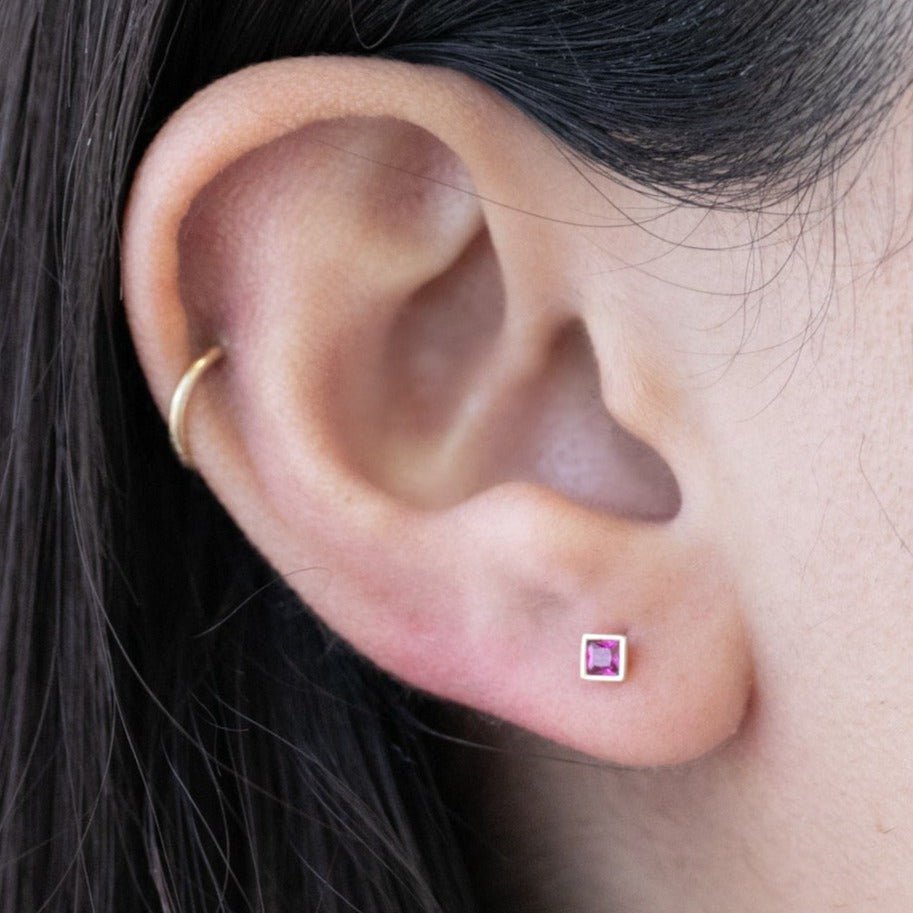 14K Yellow Gold Princess Cut Pink Ruby Stud Earrings - Flat Back Bezel Set for Daily Wear & Special Occasions