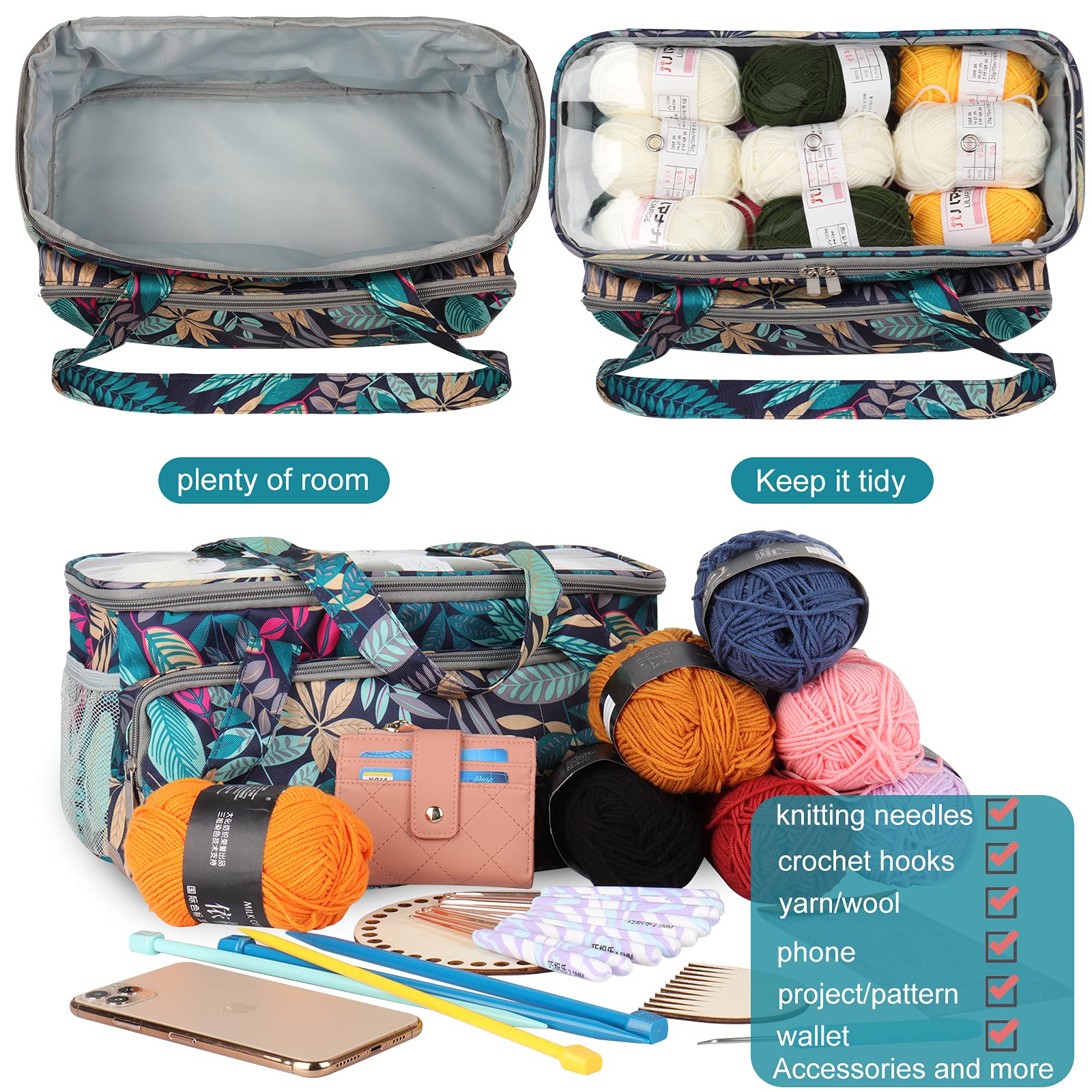 Coopay Knitting Bag - Large Travel Knitting Organizer & Crochet Project Tote with Multiple Pockets for Yarn Storage, Embroidery Supplies & Wool Holder - Perfect for Crafting On-The-Go, Commuting & Vacation Projects (Rainforest Pattern)