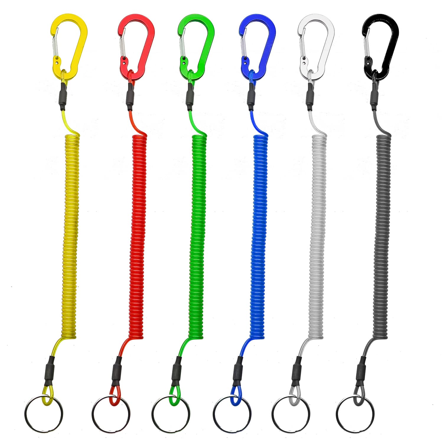 Stretchy Coiled Lanyards for Keys & Tools - 4/6pcs Set (Black, Blue, Green, Red, Yellow, Silver) - Secure Fishing Equipment, Pliers & Kayak Gear - Perfect for Outdoor Adventures, Work & Daily Use