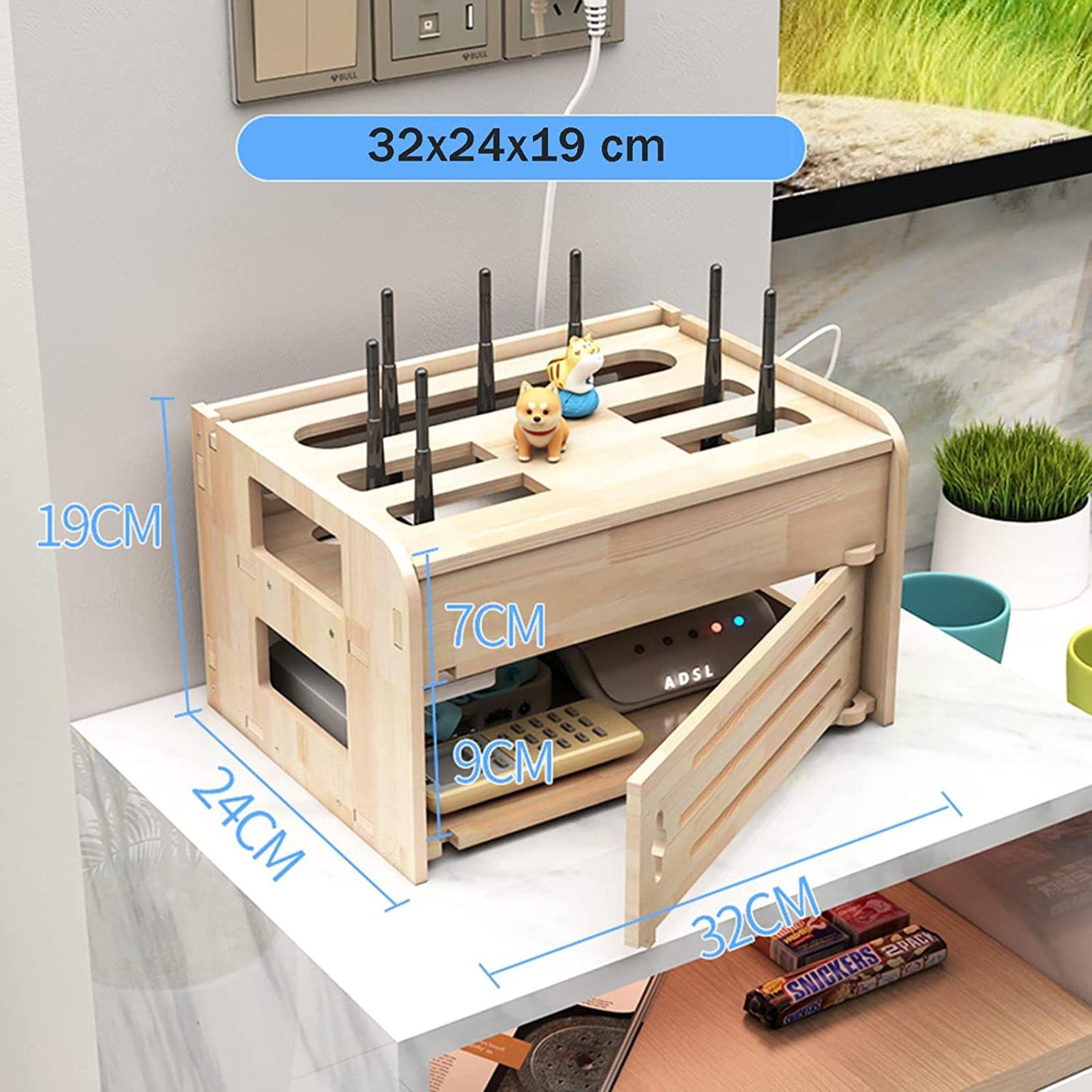Wooden WiFi Router Storage Box with Wall Mount - Cable Management Organizer for Routers, Modems, TV Set-Top Boxes & Wires - Perfect for Home Office, Living Room & Entertainment Center Organization