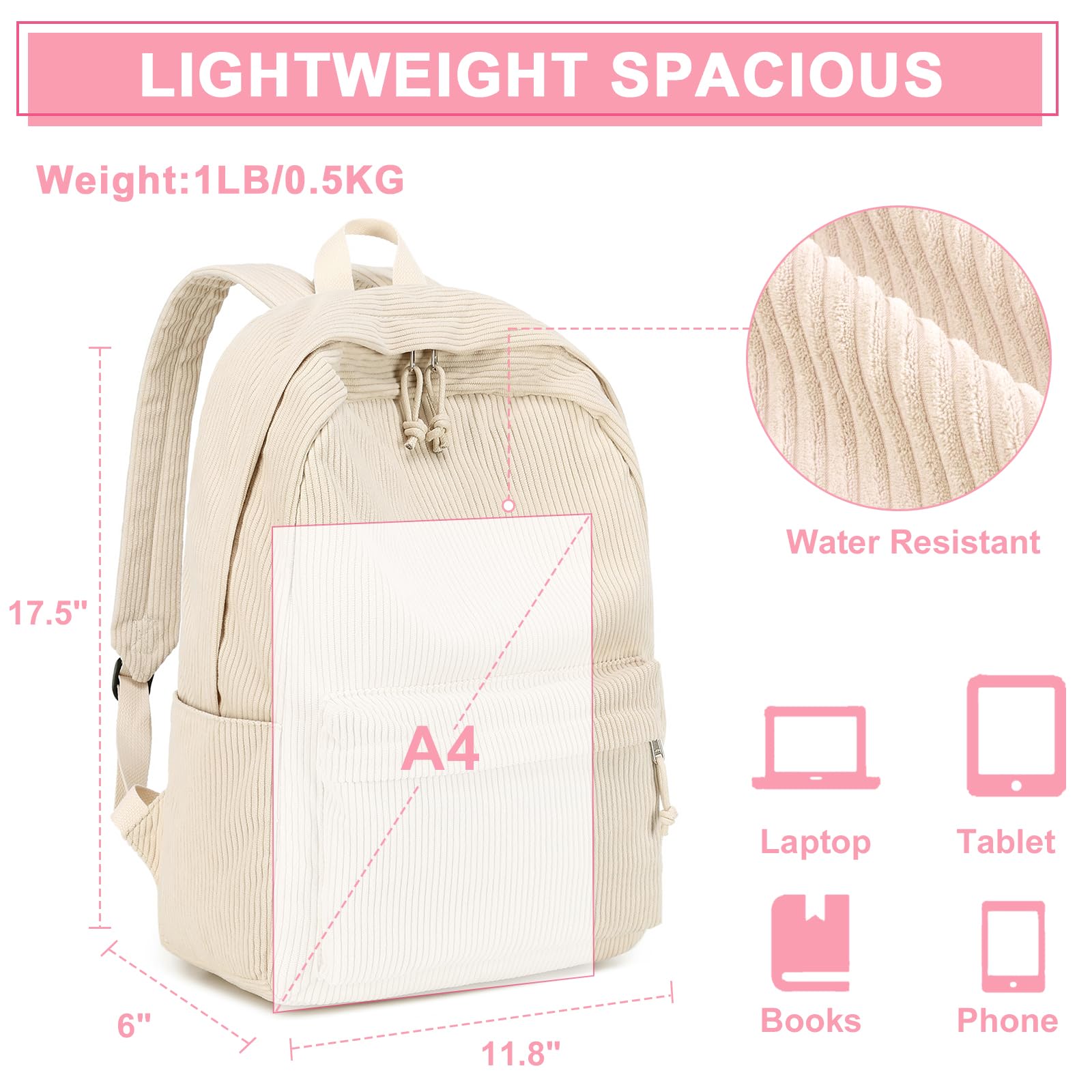Teen Girls School Backpack - Corduroy Laptop Bag for High School & Travel (Beige) | Stylish & Durable Daypack