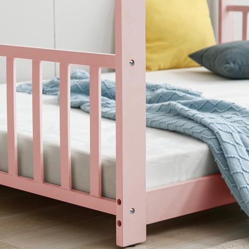 Montessori Full Size Floor Bed for Kids - Wooden House Bed Frame with Roof - Toddler Bed for Boys & Girls - Pink - Perfect for Bedrooms, Playrooms & Montessori Learning Spaces