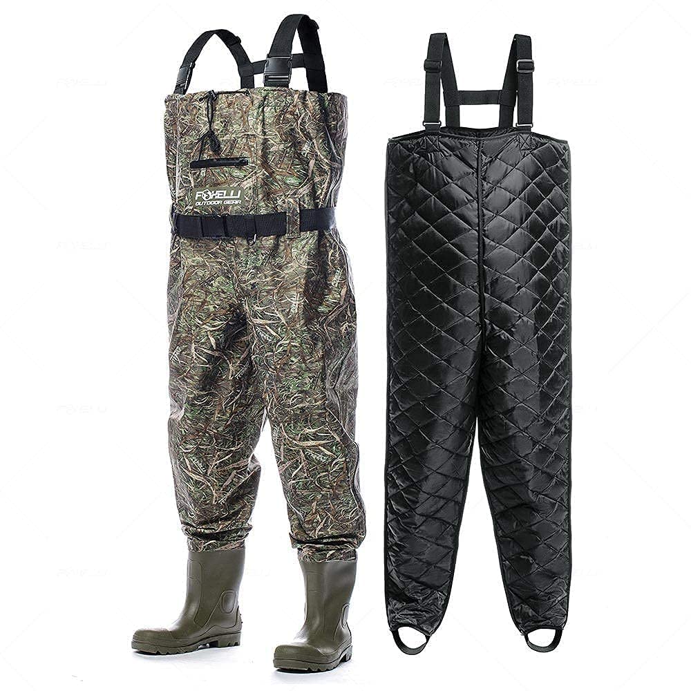 Foxelli Camo Nylon Waders with Boots & Insulated Liner Bundle - Waterproof Fishing Waders for Men (US Size 10) & Thermal Liner (Large) - Perfect for Fly Fishing, Duck Hunting & Outdoor Adventures