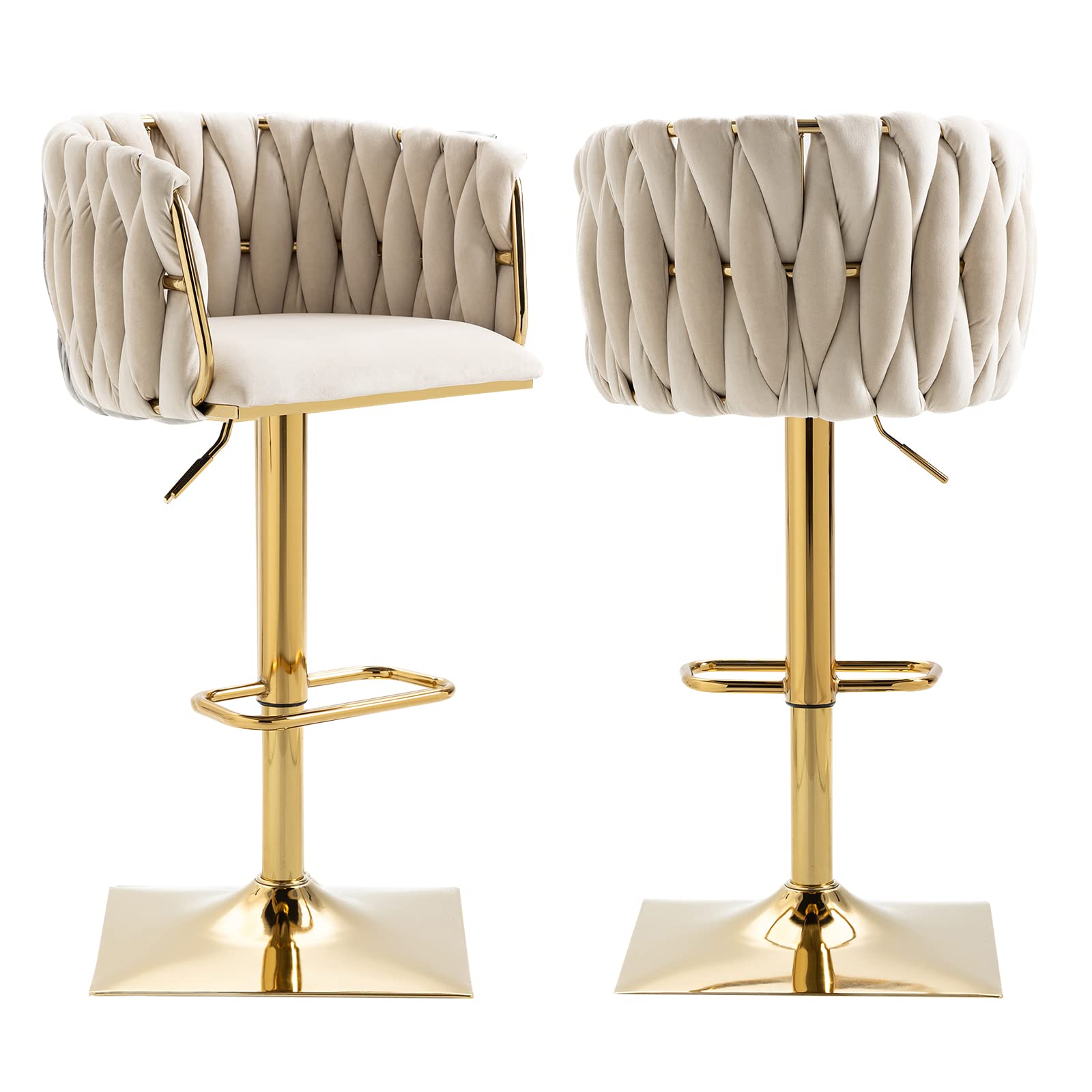 NIOIIKIT Velvet Upholstered Swivel Bar Stool Set of 2 - Counter Height Dining Chairs with Hand Woven Backrest & Footrest - Kitchen Island, Pub, Bar Counter Stools for Home & Restaurant (Ivory)