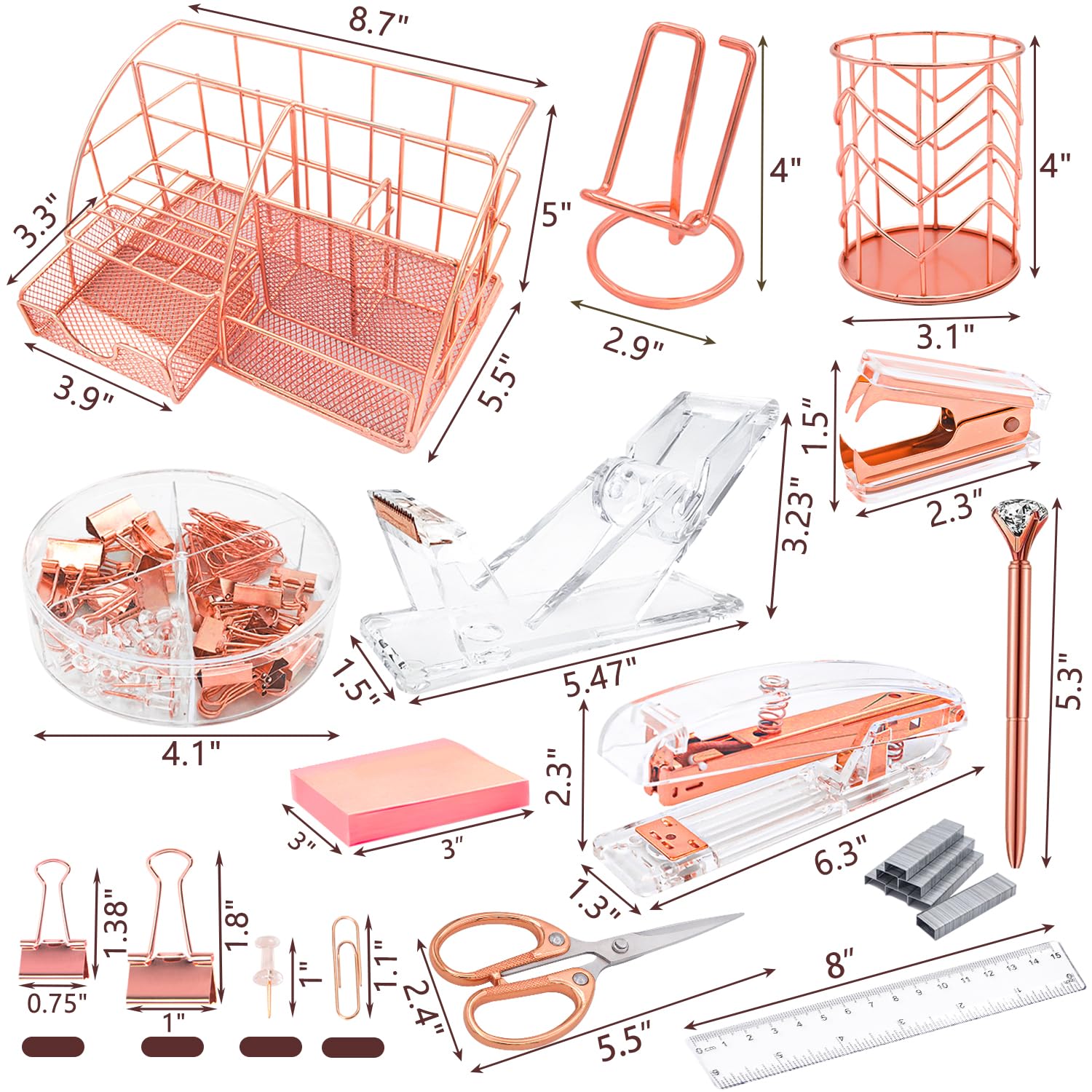 Rose Gold Desk Organizer Set - 13-Piece Office Supplies Kit with Acrylic Stapler, Tape Dispenser, Pen Holder, Scissors & Phone Stand | Perfect for Home Office, Workstation & School Organization