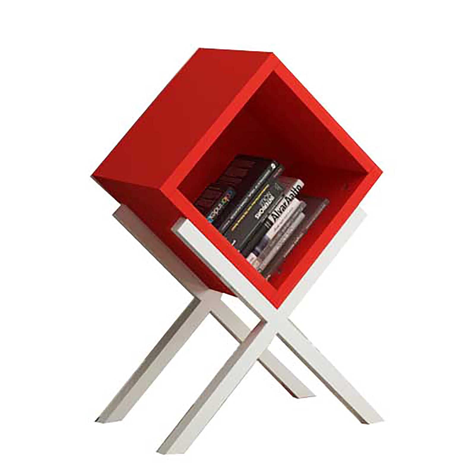 Modern Geometric Bookcase - Narrow Slim Wooden Storage Shelf for Books, Magazines & DVDs | Free Standing Display Stand with Open Cube Design | Home Office, Living Room, Bedroom Storage Solution (Red, 45x24x63.2cm / 18x9x25inch)