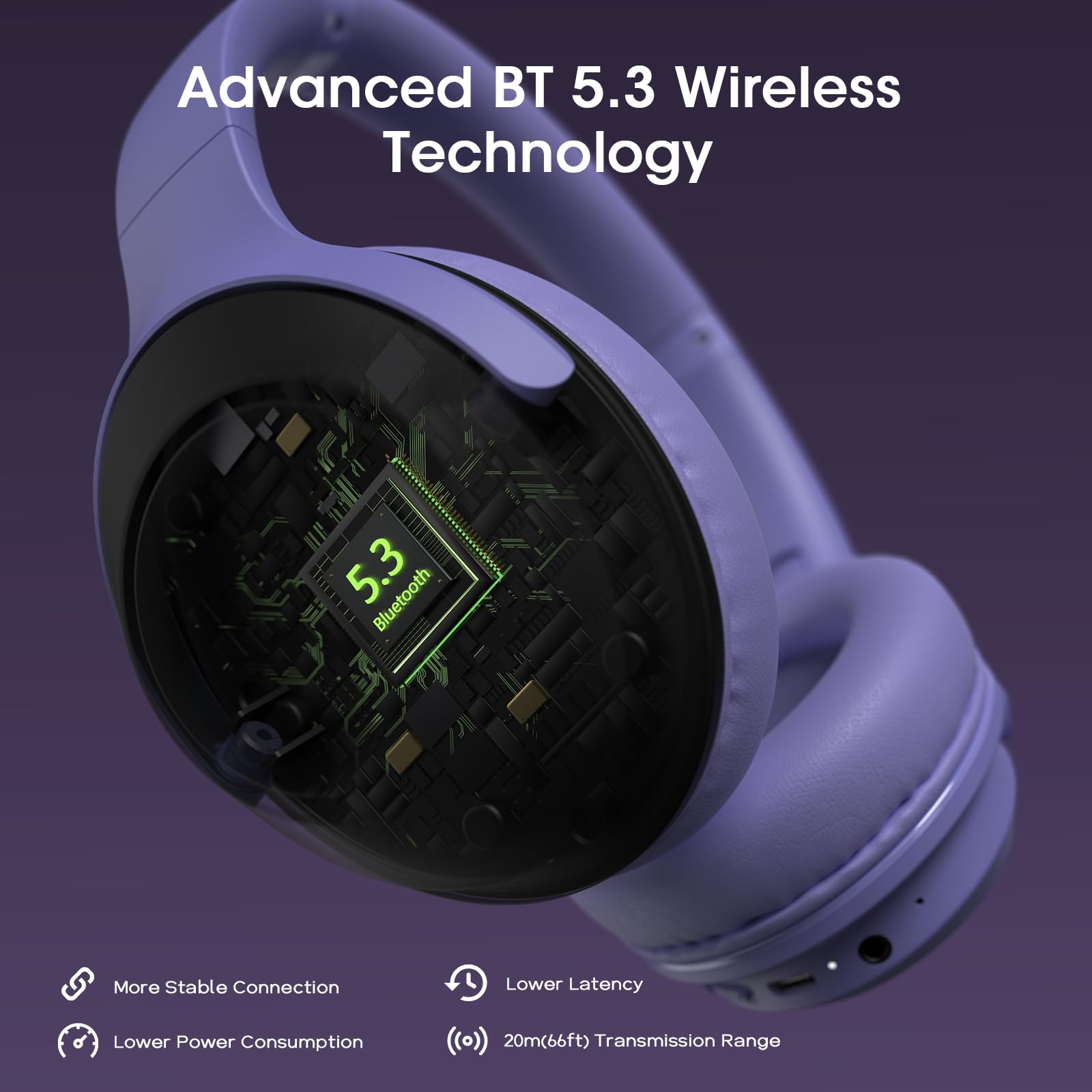 DOQAUS Wireless Bluetooth Headphones with Microphone - 70 Hours Playtime, Hi-Fi Stereo Sound, 3 EQ Modes, Foldable Design for iPhone, Android, PC - Perfect for Travel, Office & Gaming (Purple)